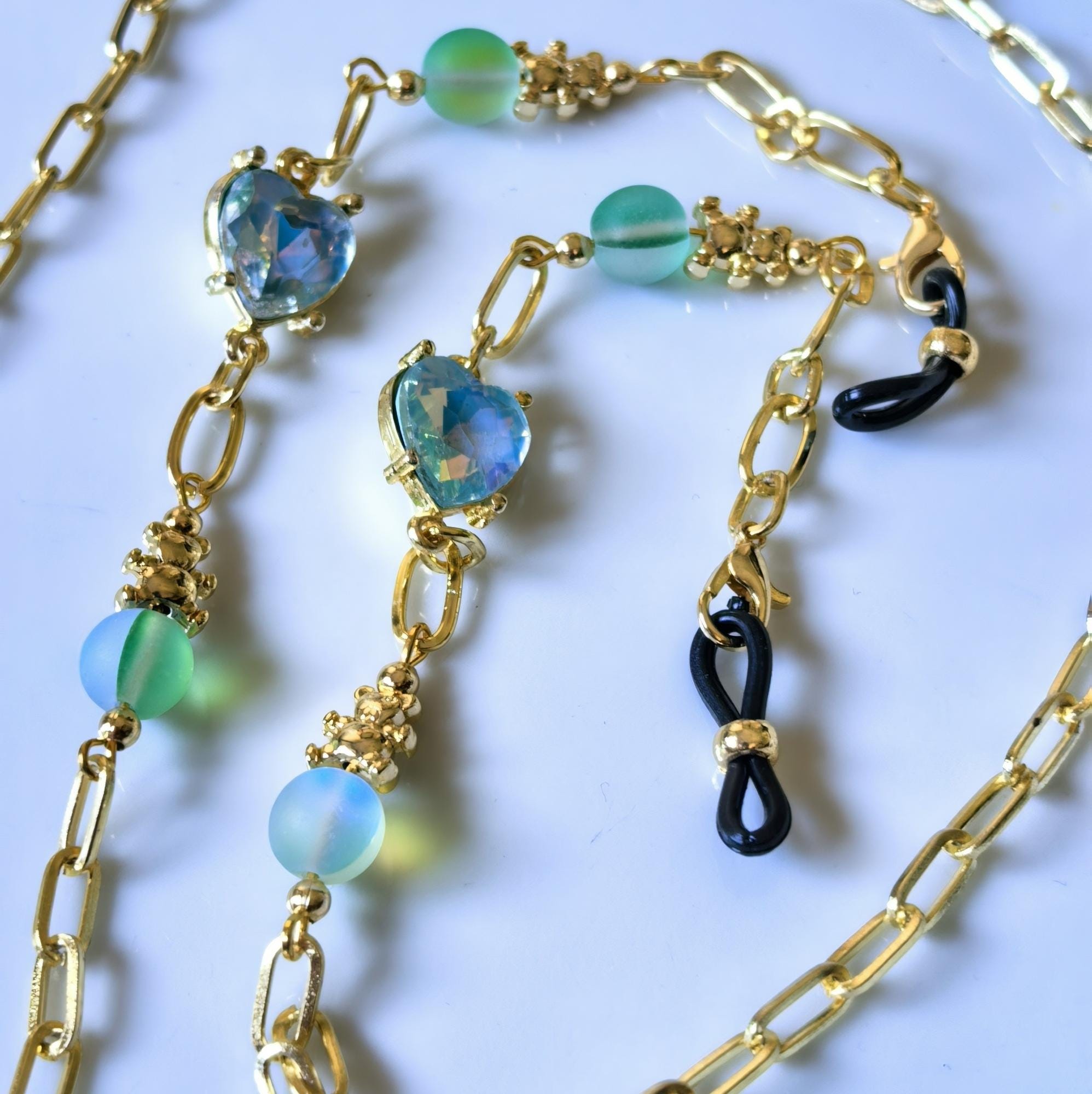 Glasses Chain – Mystic Whisper Natural Stones with Blue Heart Gem – ThinBlack® Heart Whispers Collection