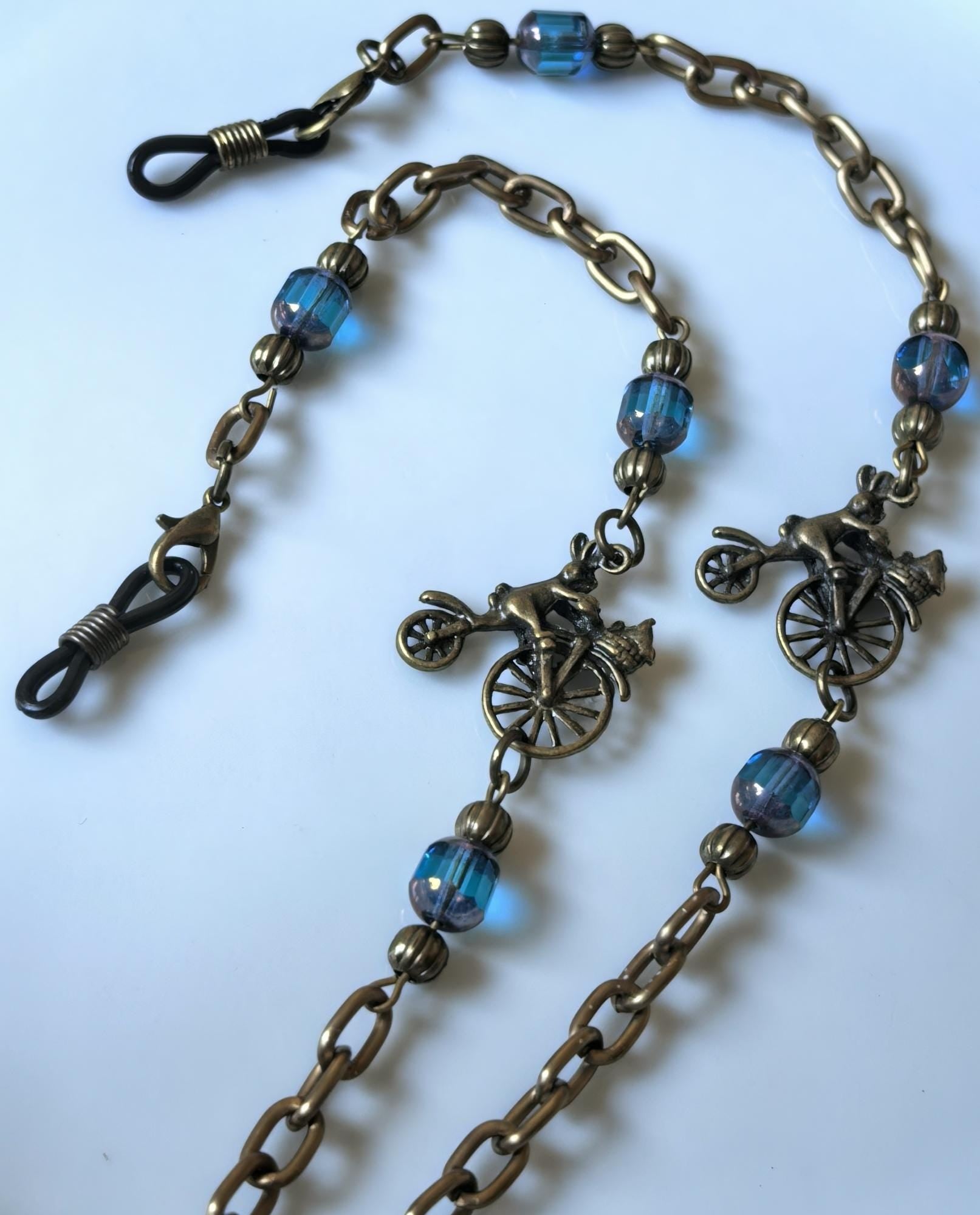 Glasses Chain – Antique Gold with Turquoise Crystal Beads – Bicycle Inspired | Unisex – ThinBlack® Symbolic Edition