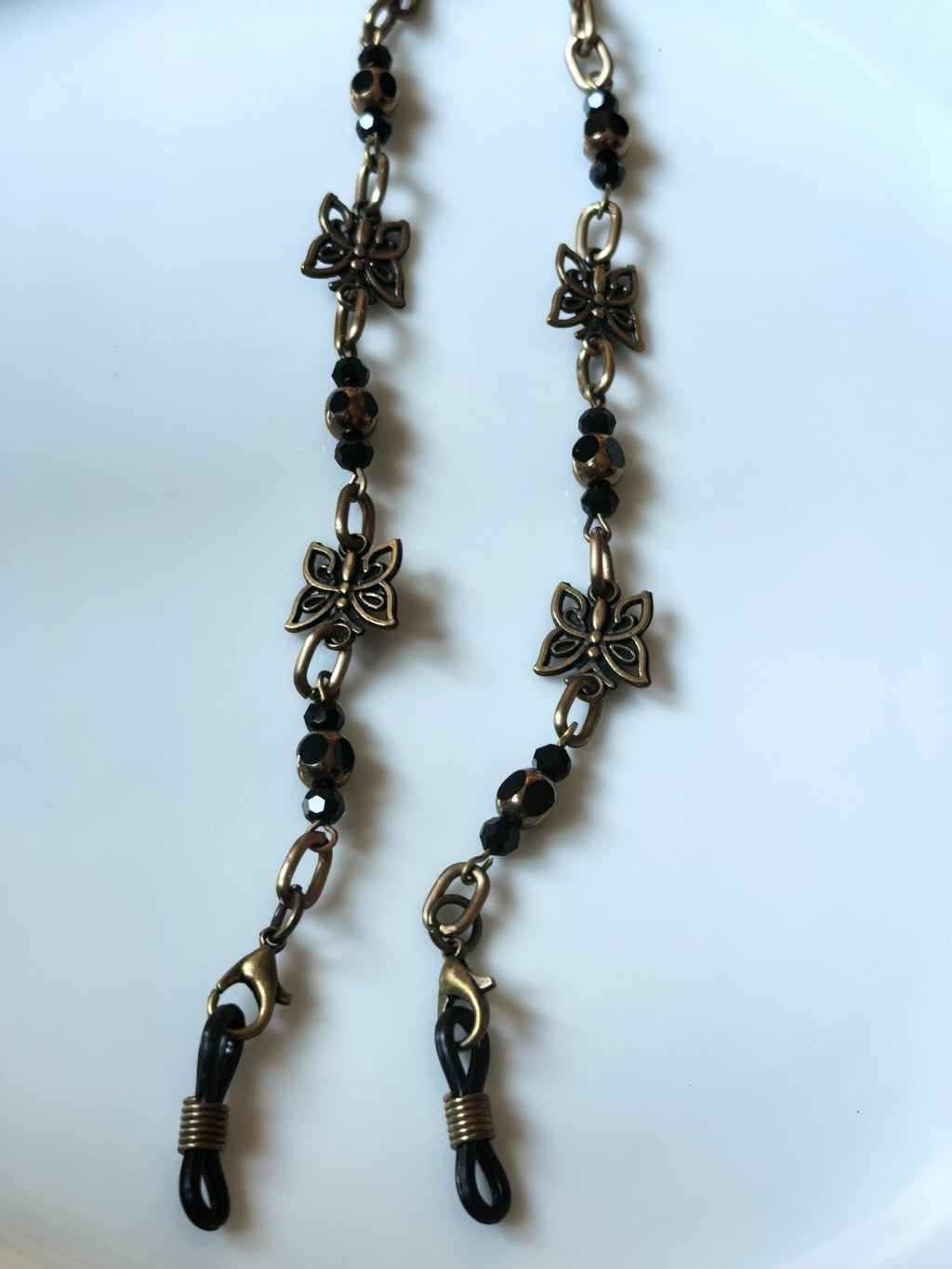 Glasses Chain – Butterfly Talisman with Black Crystal Beads & Antique Gold – ThinBlack® Handmade Accessories