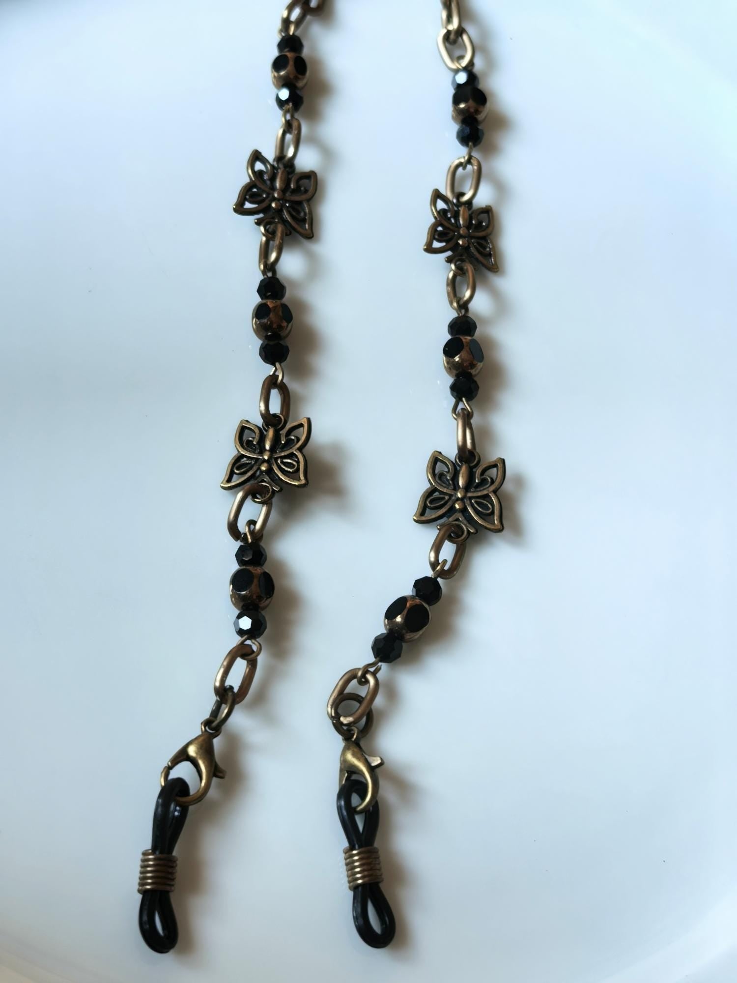 Glasses Chain – Butterfly Talisman with Black Crystal Beads & Antique Gold – ThinBlack® Handmade Accessories