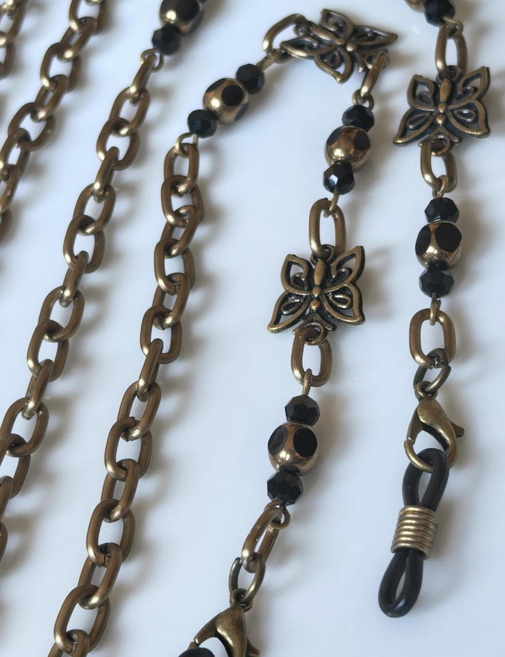 Glasses Chain – Butterfly Talisman with Black Crystal Beads & Antique Gold – ThinBlack® Handmade Accessories