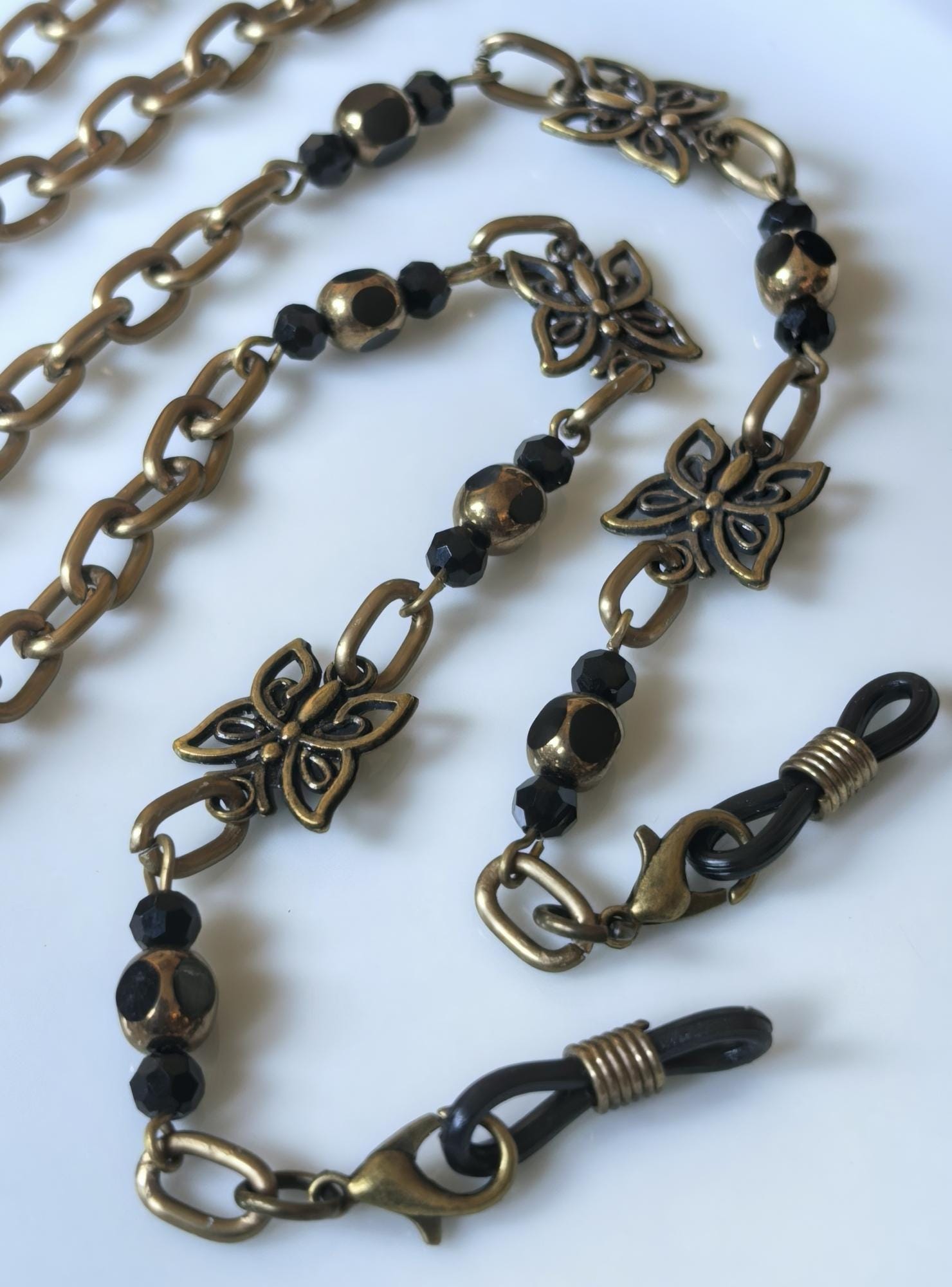 Glasses Chain – Butterfly Talisman with Black Crystal Beads & Antique Gold – ThinBlack® Handmade Accessories