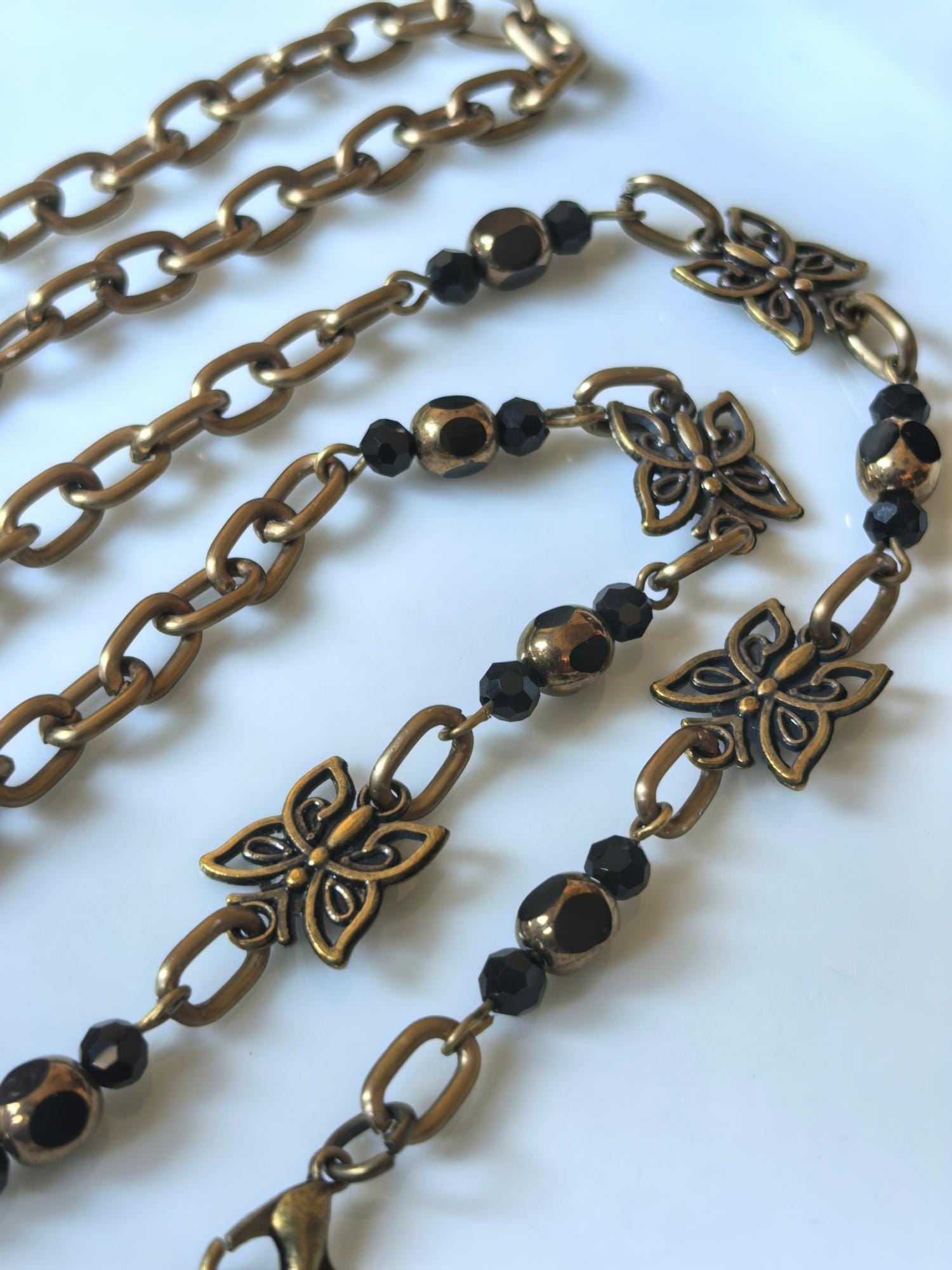 Glasses Chain – Butterfly Talisman with Black Crystal Beads & Antique Gold – ThinBlack® Handmade Accessories