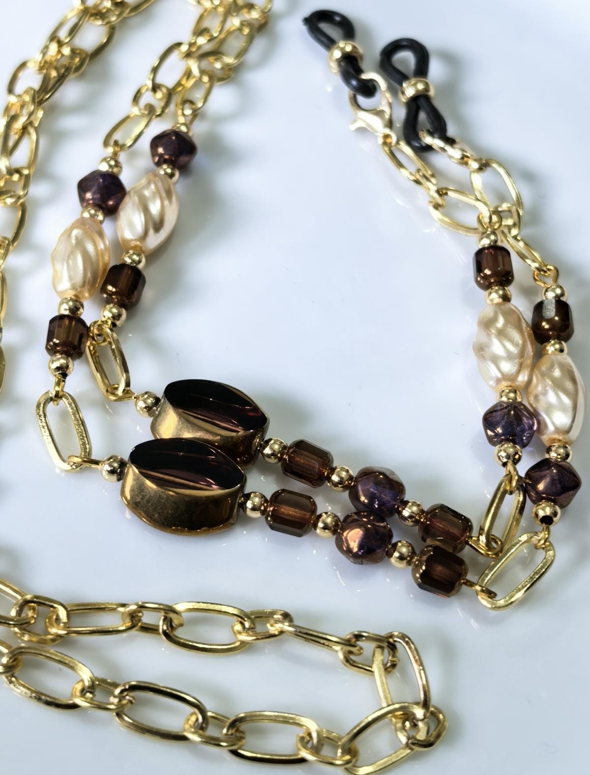 Antique Gold Czech Crystal Eyeglass Chain – Twisted Baroque Pearl