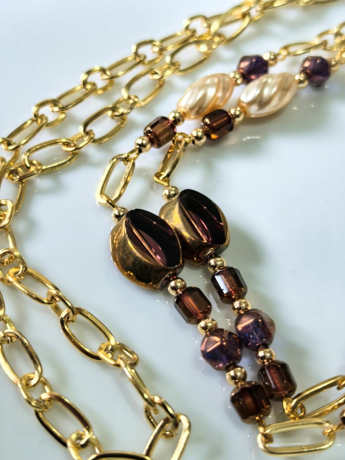 Antique Gold Czech Crystal Eyeglass Chain – Twisted Baroque Pearl