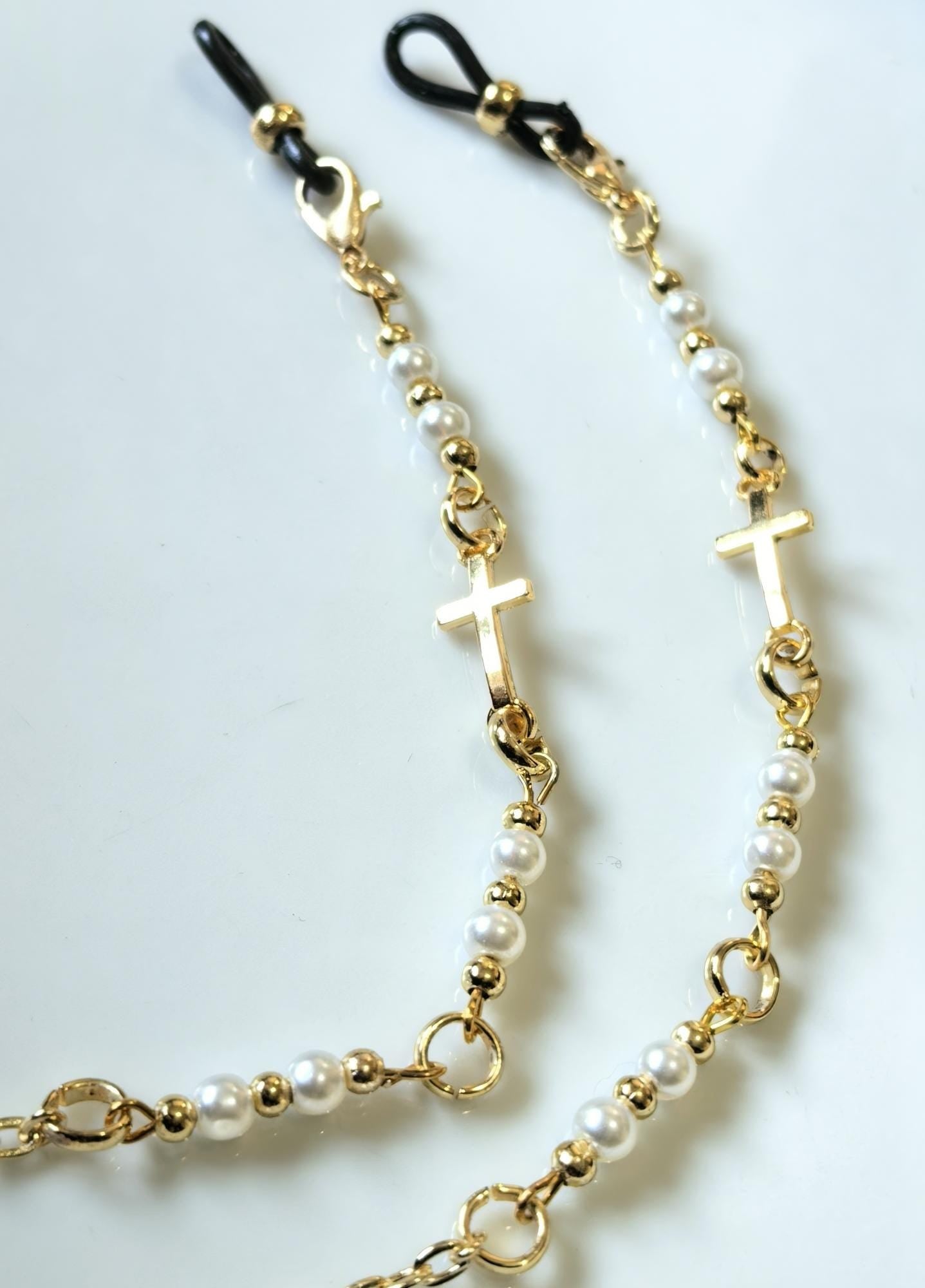Eyeglass Chain-Cross Charm Gold Plated and Pearly Chain- THINBLACK®