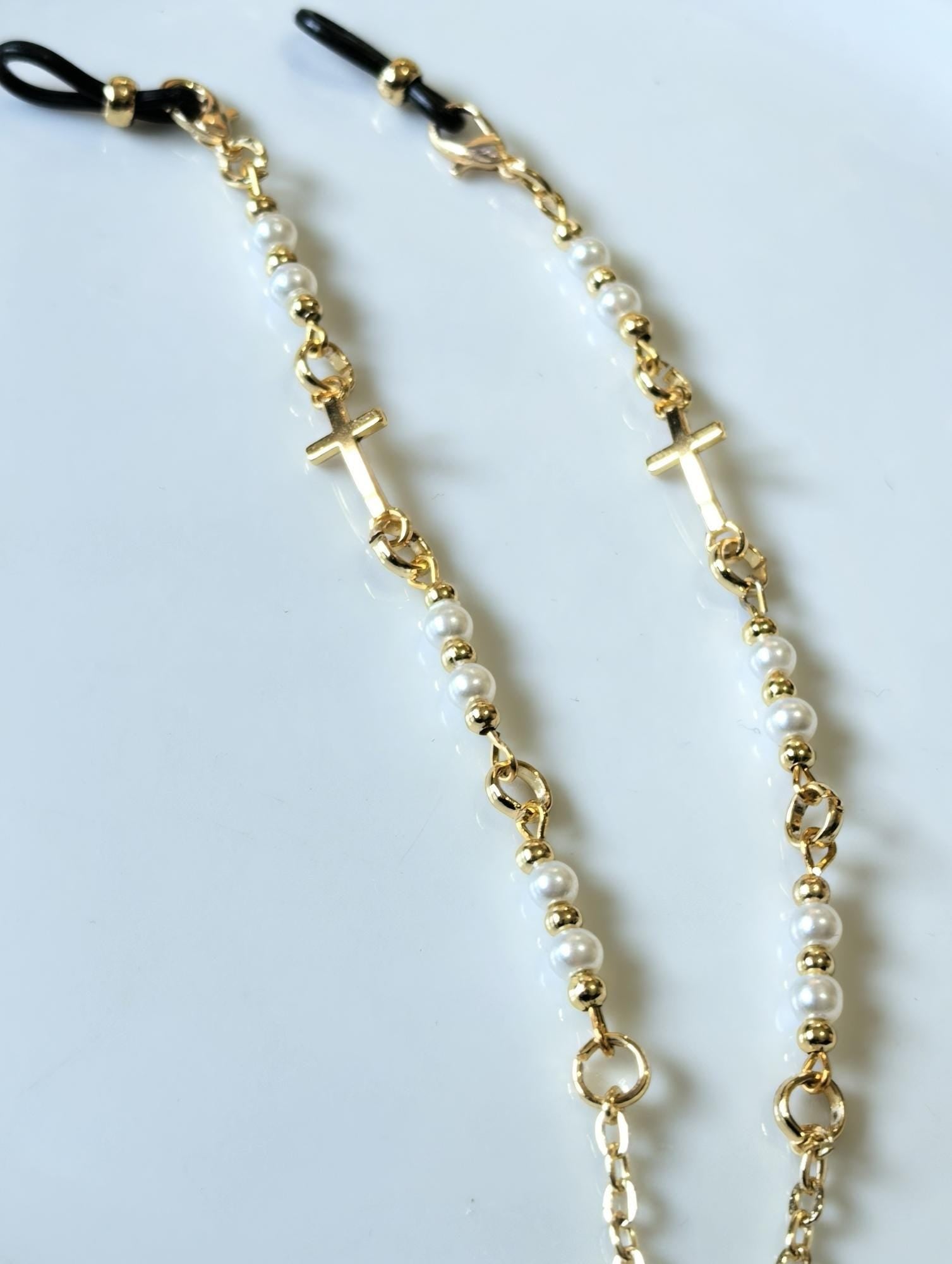 Eyeglass Chain-Cross Charm Gold Plated and Pearly Chain- THINBLACK®