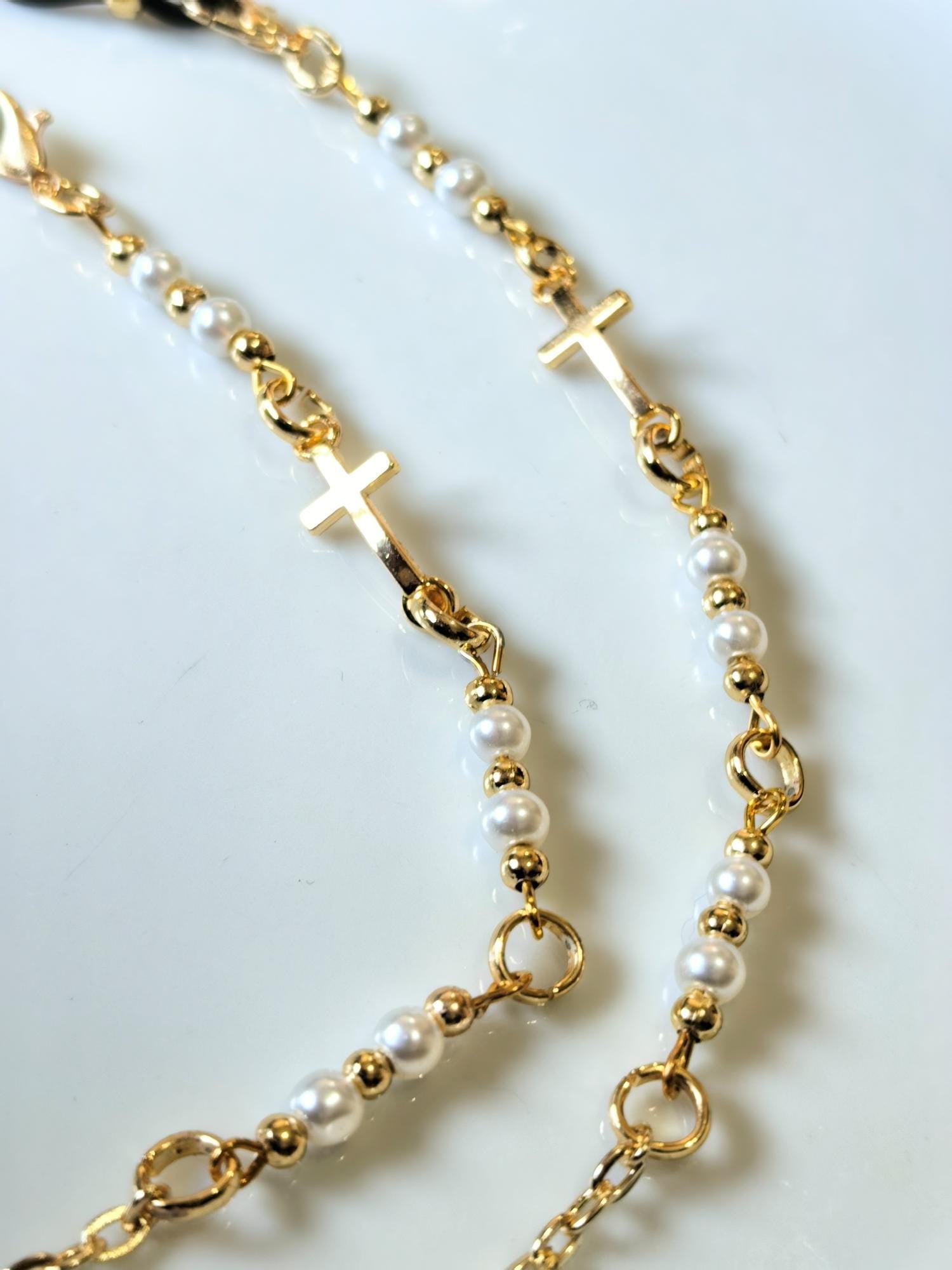 Eyeglass Chain-Cross Charm Gold Plated and Pearly Chain- THINBLACK®