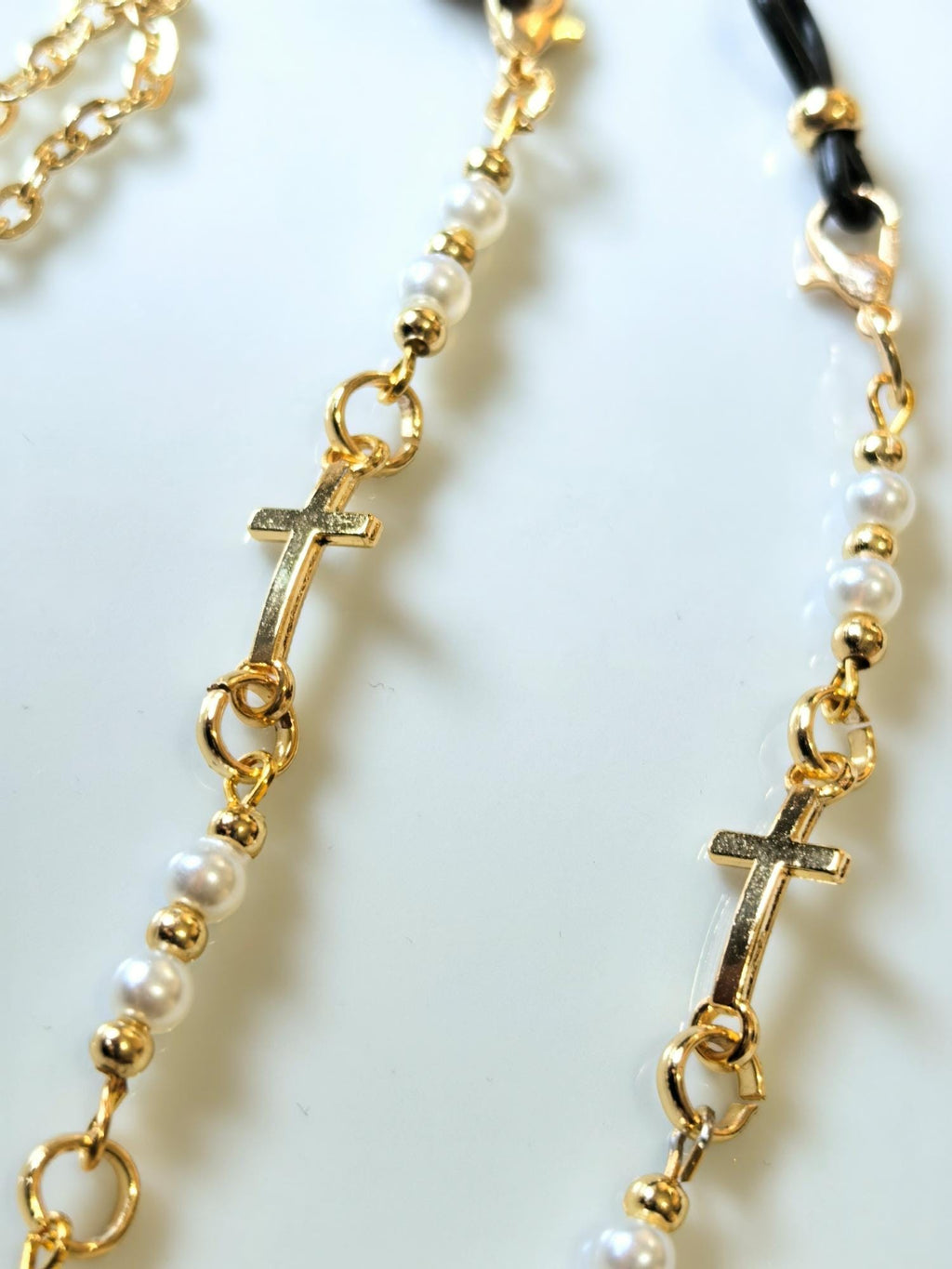 Eyeglass Chain - Cross Charm Gold Plated and Pearly Chain - THINBLACK®