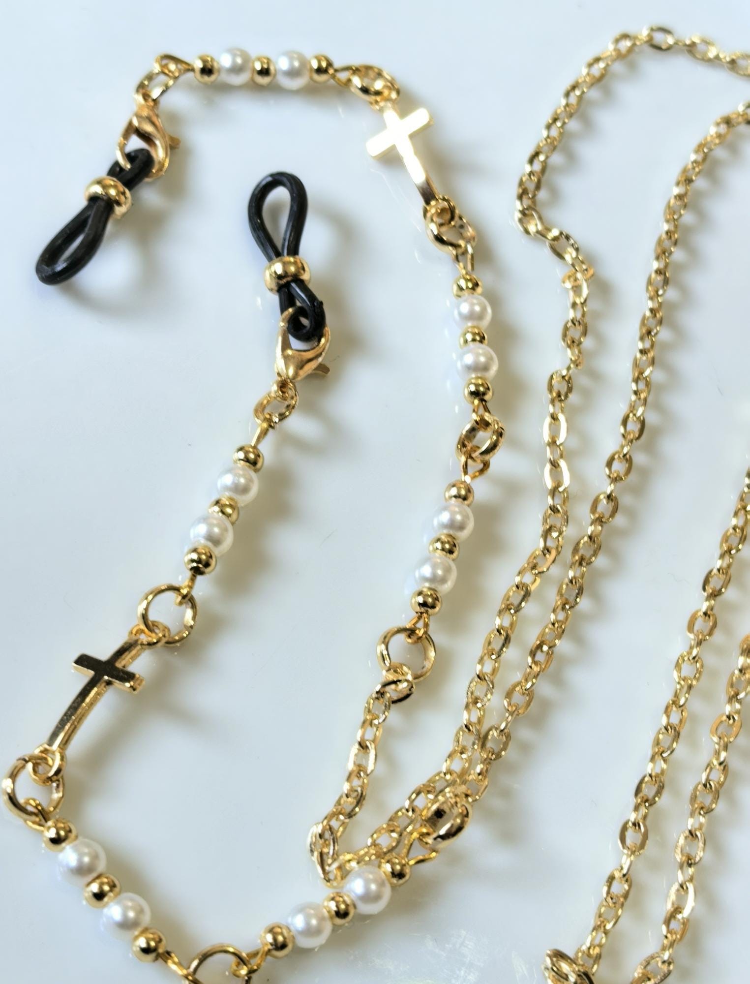 Eyeglass Chain-Cross Charm Gold Plated and Pearly Chain- THINBLACK®