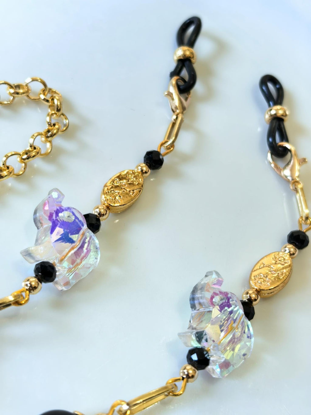 Glasses Chain – Handmade Onyx & Crystal with Elephant Talisman – Gold Plated – ThinBlack® Symbolic Edition