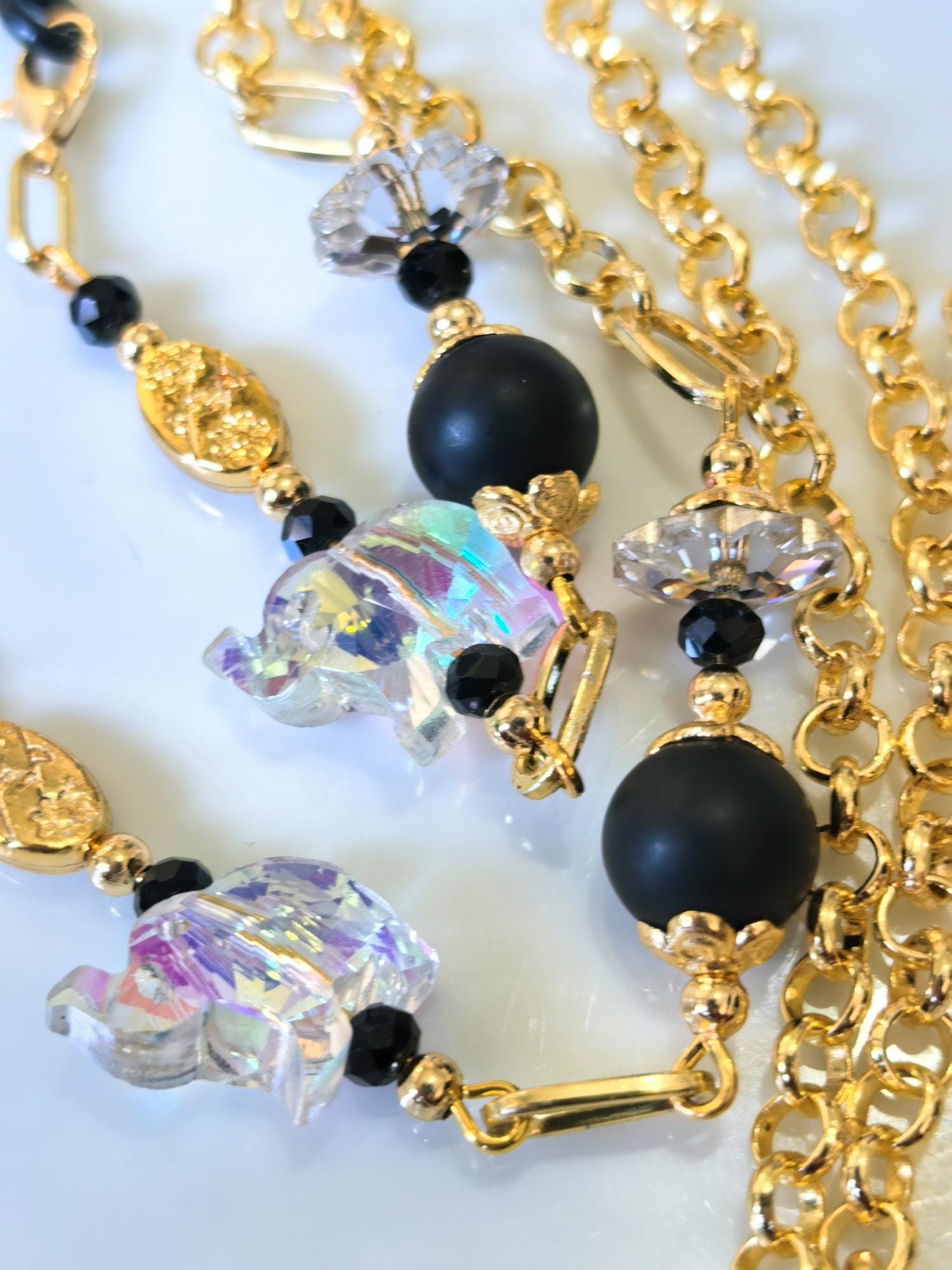 Glasses Chain – Handmade Onyx & Crystal with Elephant Talisman – Gold Plated – ThinBlack® Symbolic Edition
