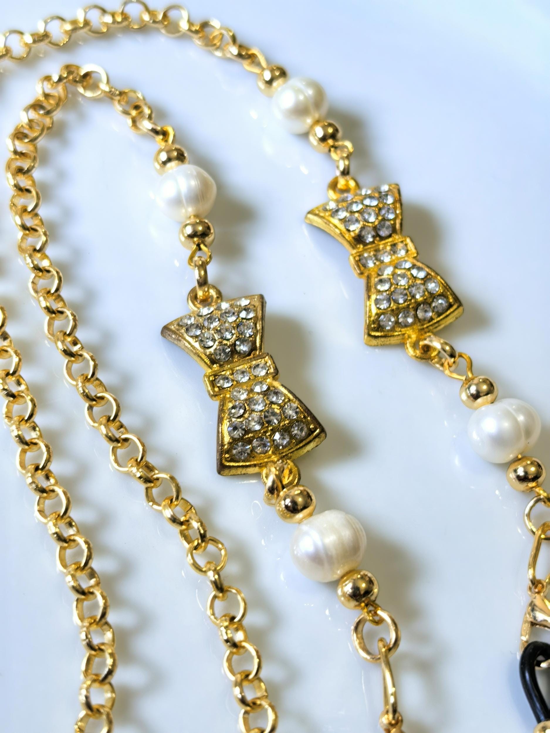 Glasses Chain – Gold Plated with Pearls & Zircon Pendant – ThinBlack® Elegant Edition