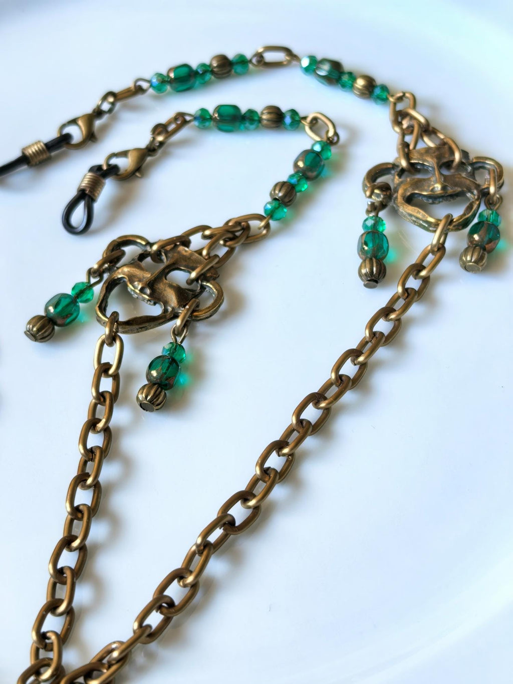 Smiling Mask Charm Eyeglass Chain – Antique Gold Sax Crystal Handmade Jewelry