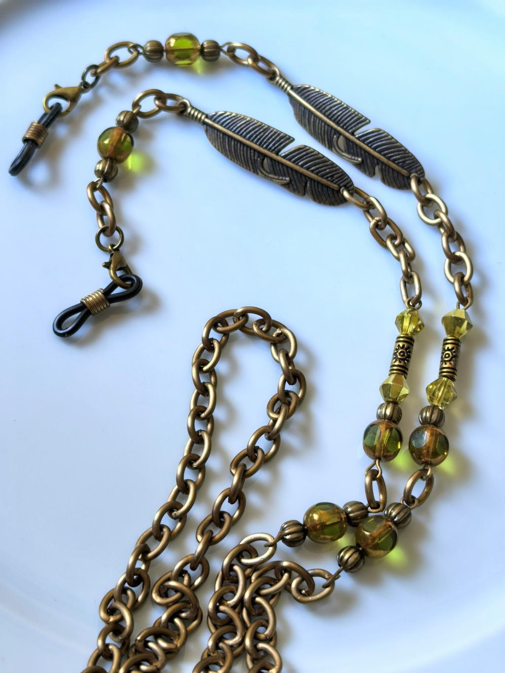 Olive Green Leaf Charm Eyeglass Chain – Antique Gold Handmade Jewelry