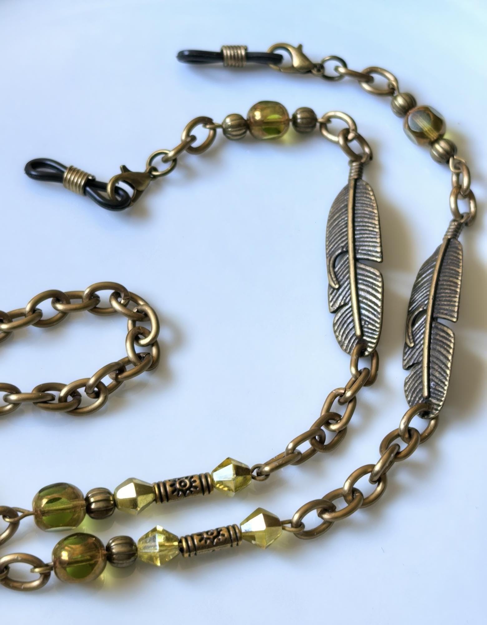 Olive Green Leaf Charm Eyeglass Chain – Antique Gold Handmade Jewelry