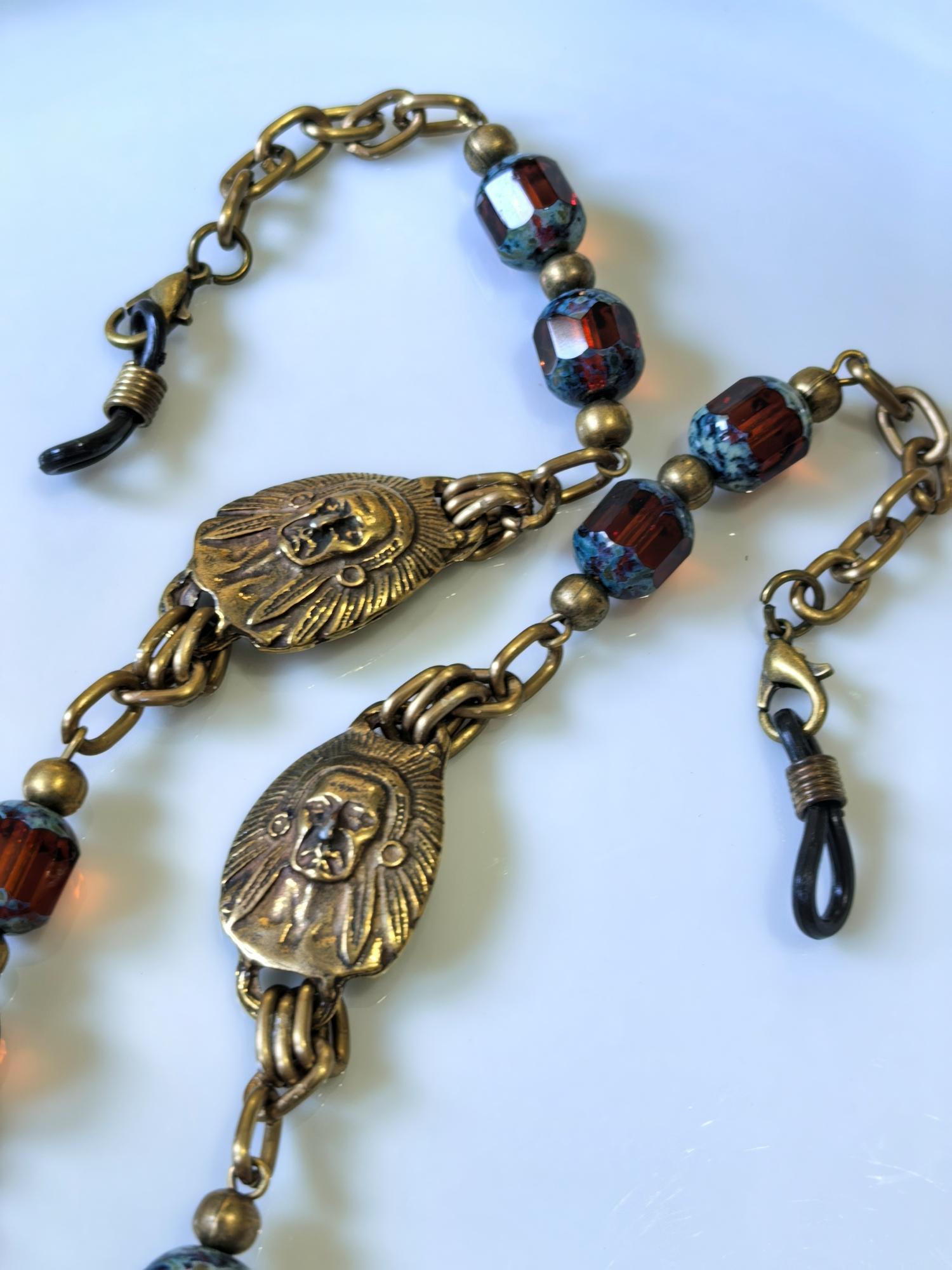 Apache Face Charm Eyeglass Chain – Antique Gold Crystal Handmade Jewelry