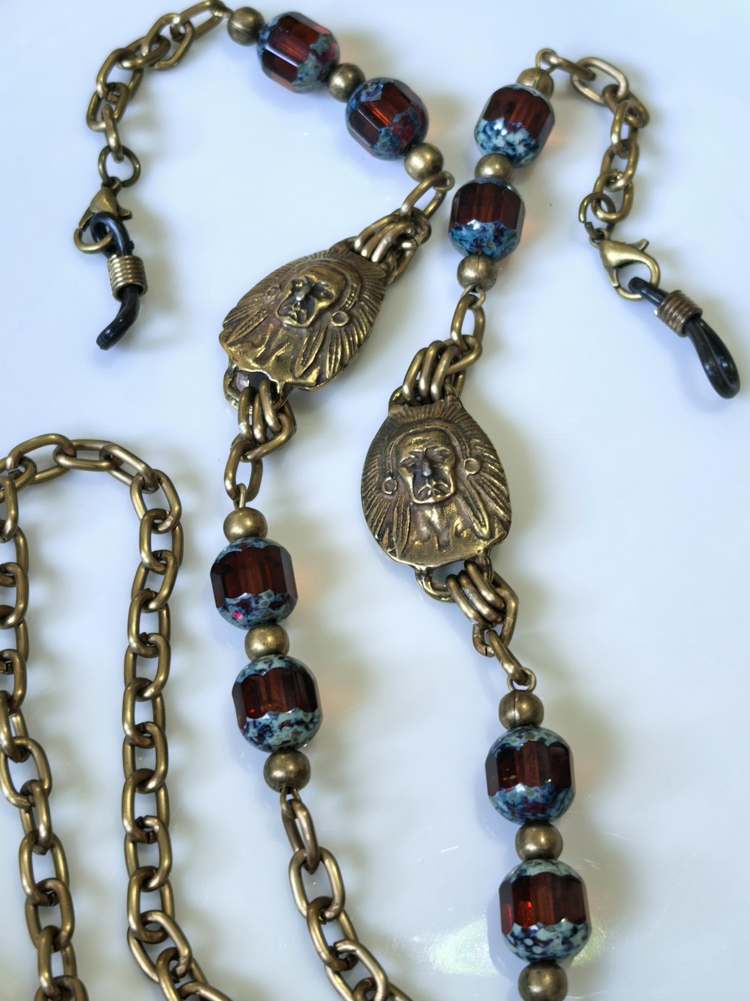 Apache Face Charm Eyeglass Chain – Antique Gold Crystal Handmade Jewelry