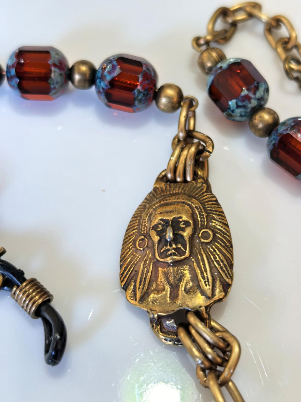 Apache Face Charm Eyeglass Chain – Antique Gold Crystal Handmade Jewelry