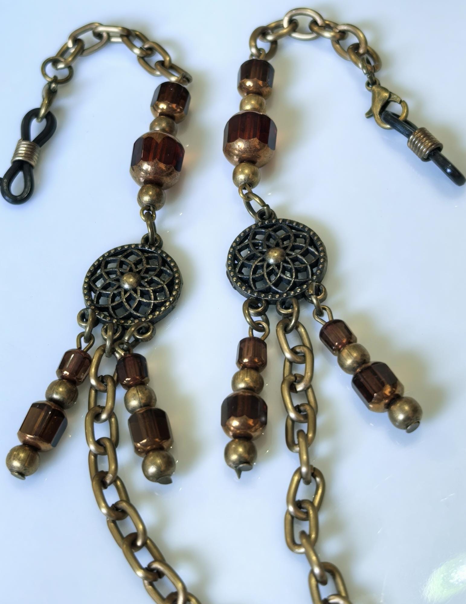 Dreamcatcher Charm Eyeglass Chain – Antique Gold Brown Crystal Handmade Jewelry