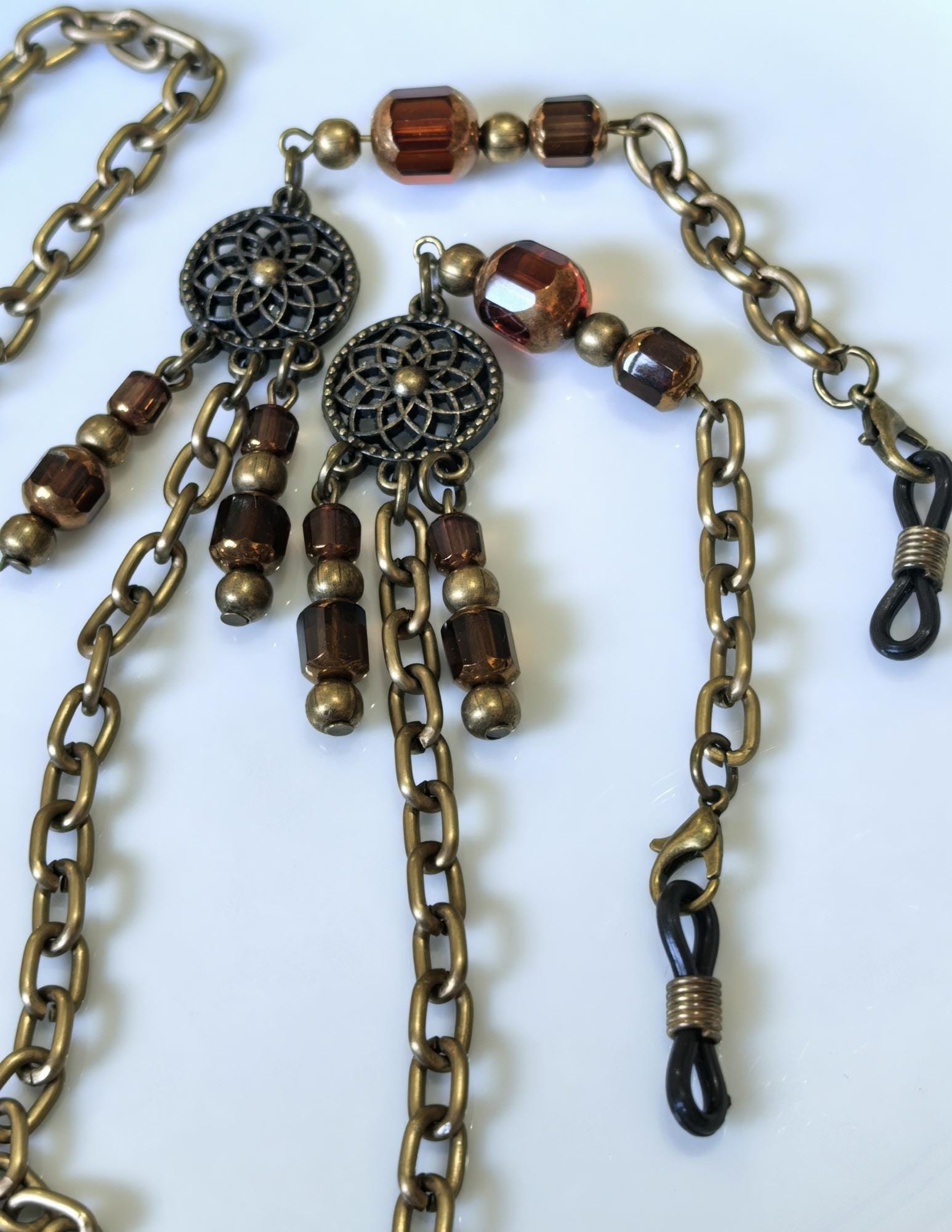 Dreamcatcher Charm Eyeglass Chain – Antique Gold Brown Crystal Handmade Jewelry