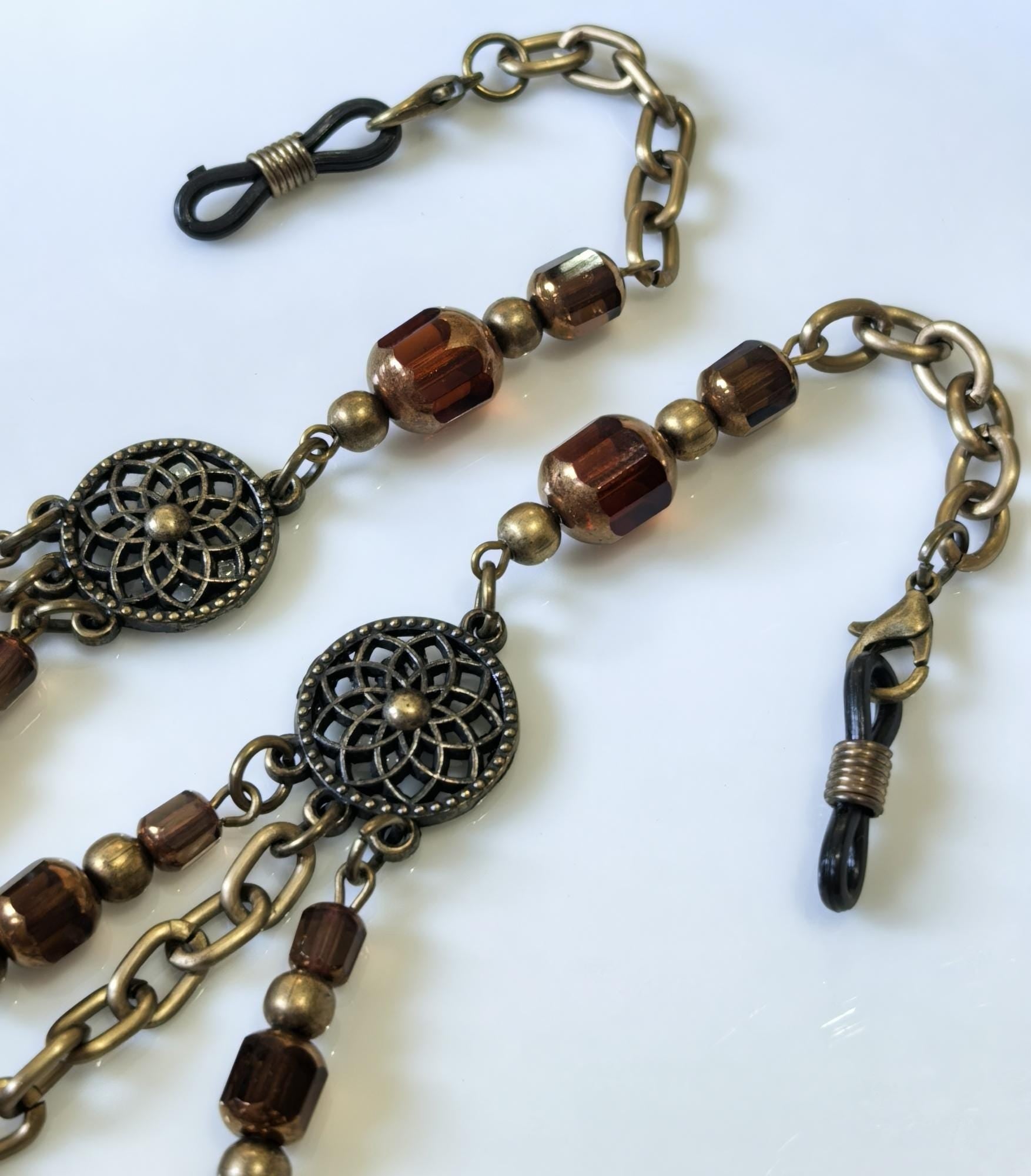 Dreamcatcher Charm Eyeglass Chain – Antique Gold Brown Crystal Handmade Jewelry