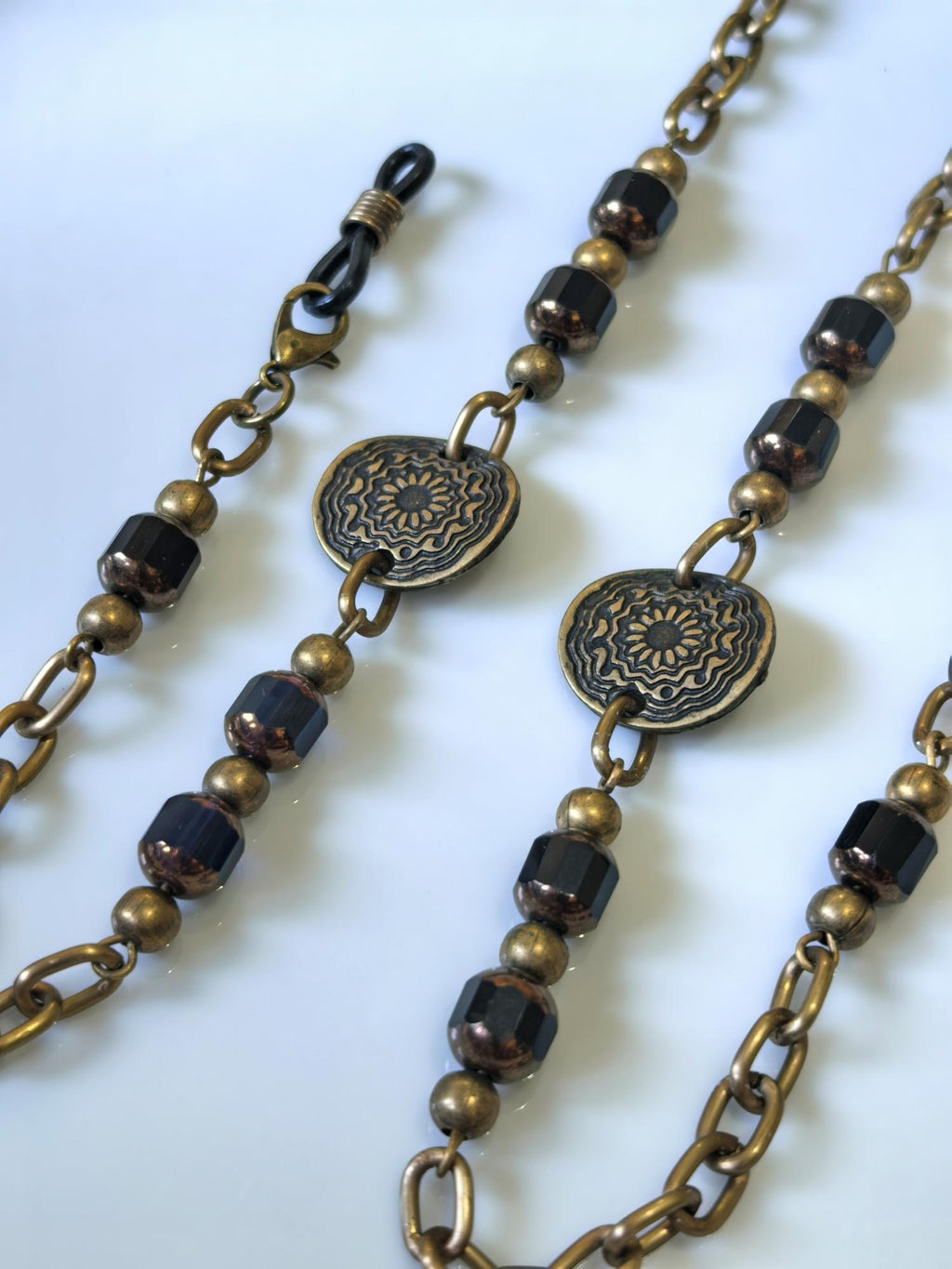Black Crystal Eyeglass Chain – Antique Gold Handmade Jewelry by THINBLACK®