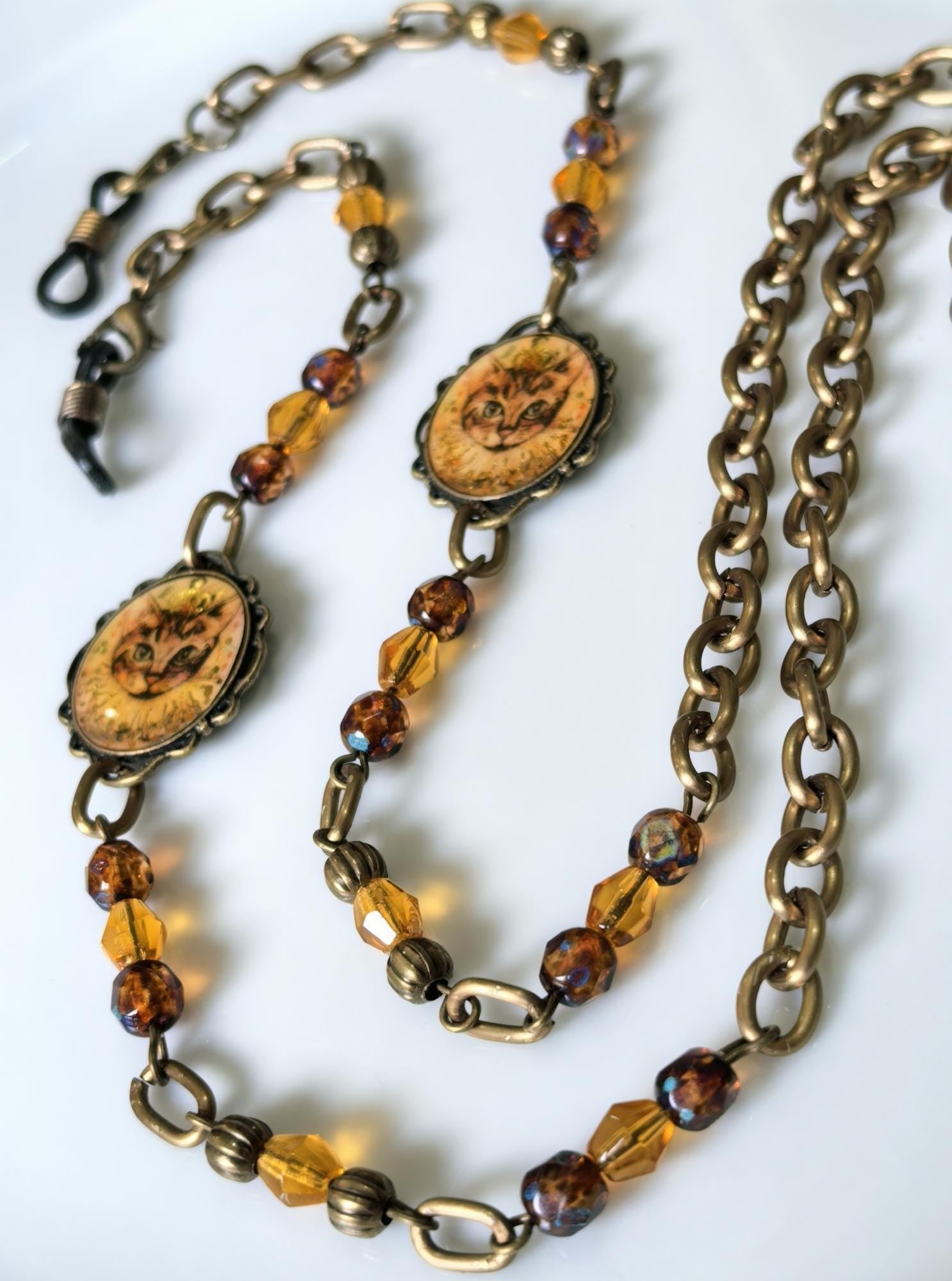 Handmade Eyeglass Chain – Bronze Cat Pendant with Crystal Beads