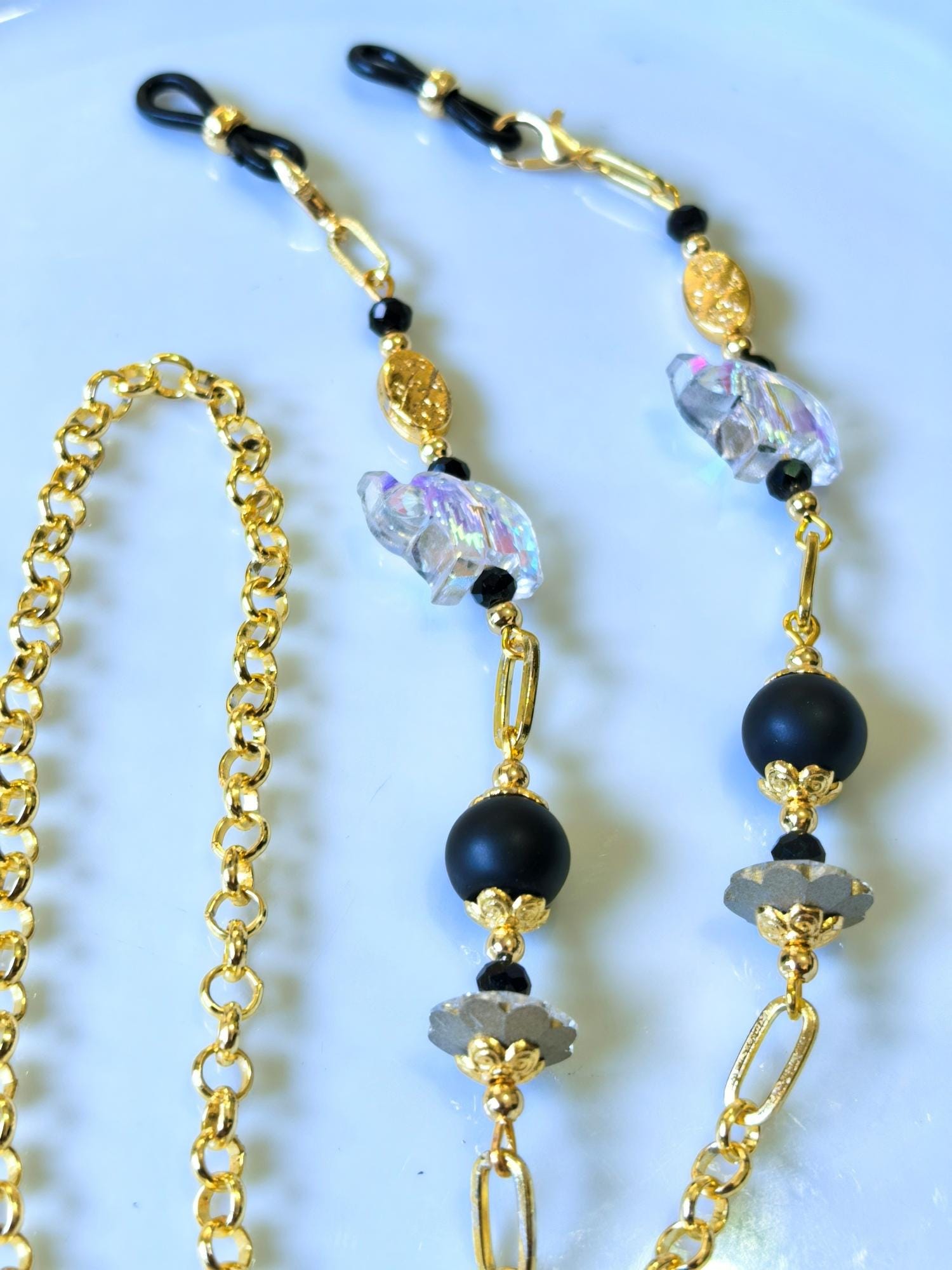 Glasses Chain – Handmade Onyx & Crystal with Elephant Talisman – Gold Plated – ThinBlack® Symbolic Edition