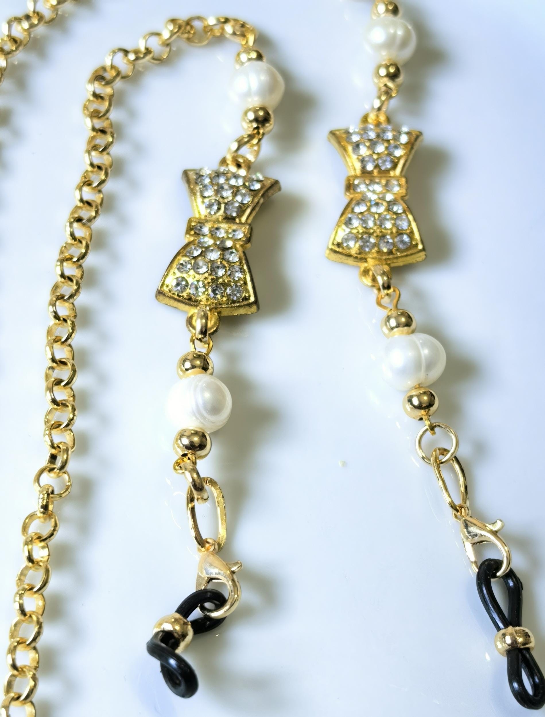 Glasses Chain – Gold Plated with Pearls & Zircon Pendant – ThinBlack® Elegant Edition