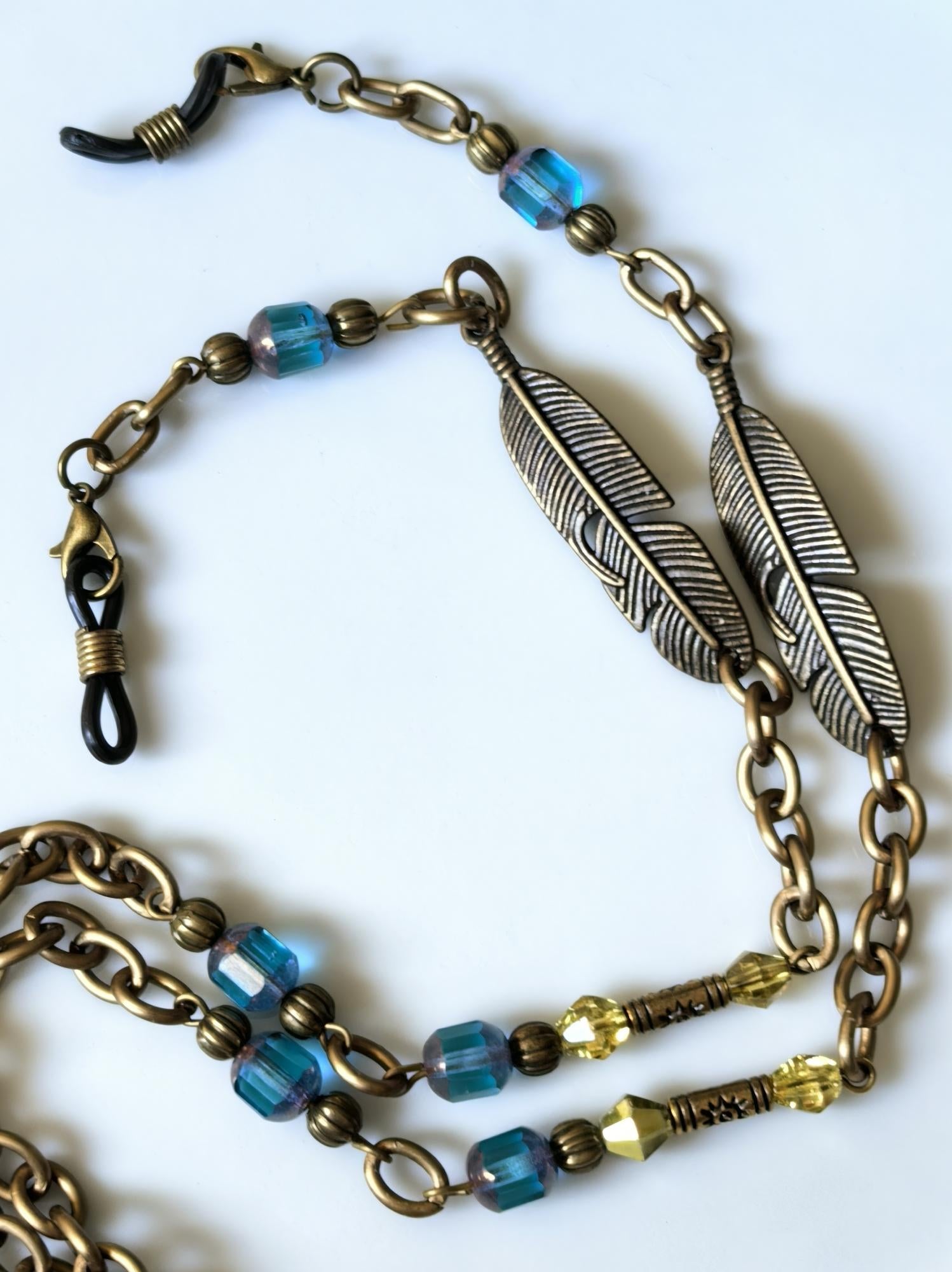 Turquoise Eyeglass Chain with Leaf Charm – Handmade Bohemian Jewelry
