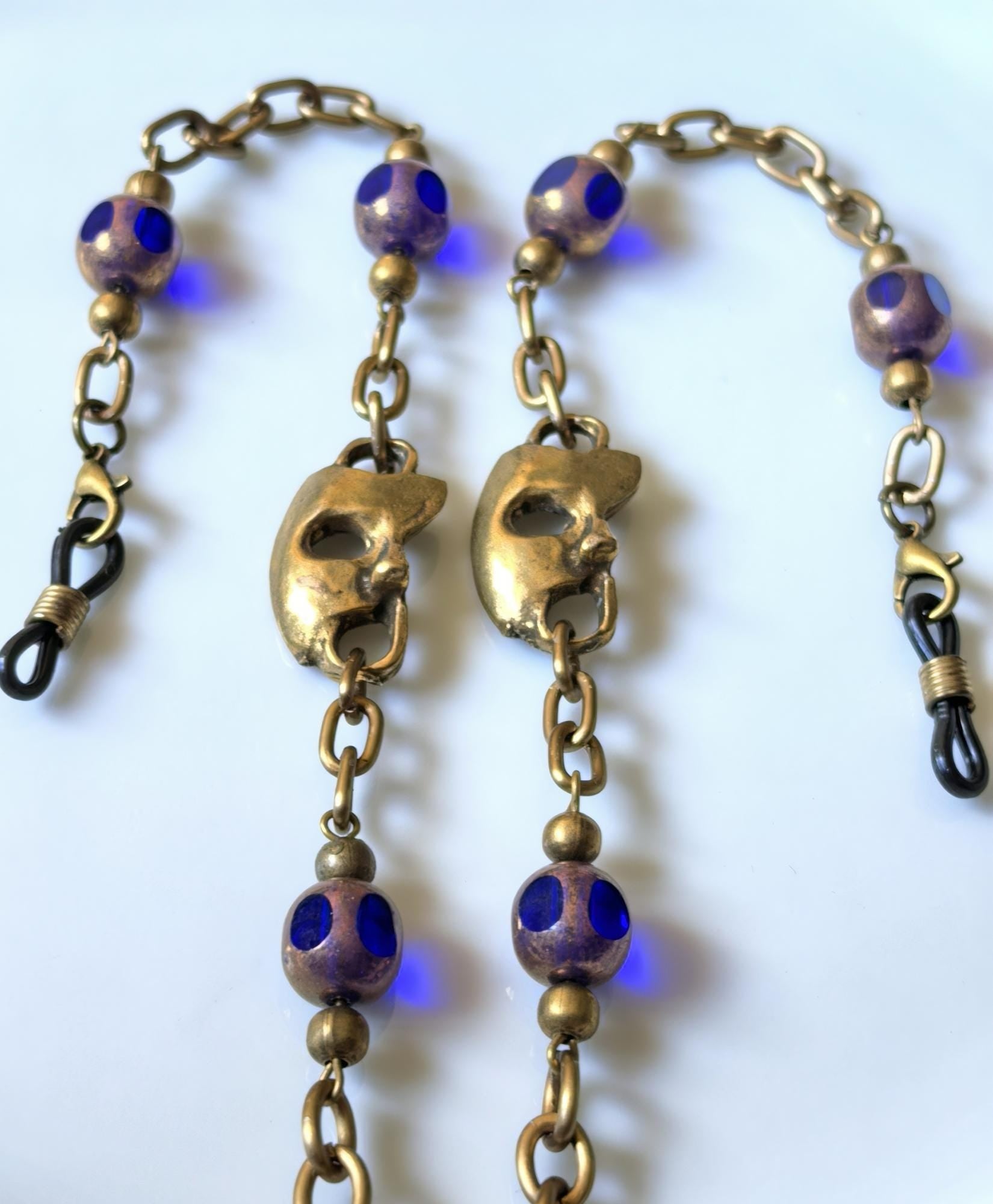 Sax Crystal Eyeglass Chain with Mask Charm – Antique Gold Handmade Jewelry