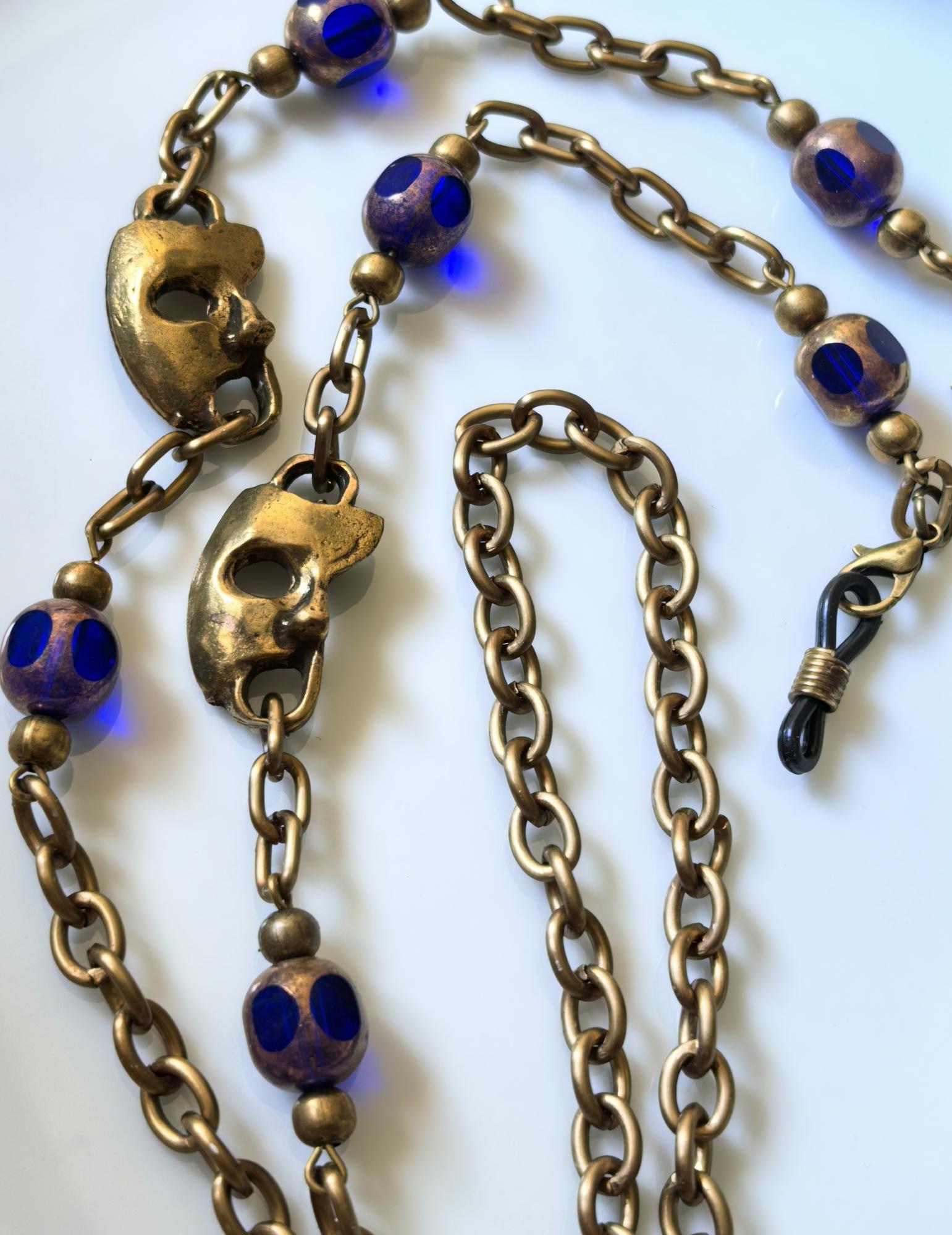 Sax Crystal Eyeglass Chain with Mask Charm – Antique Gold Handmade Jewelry