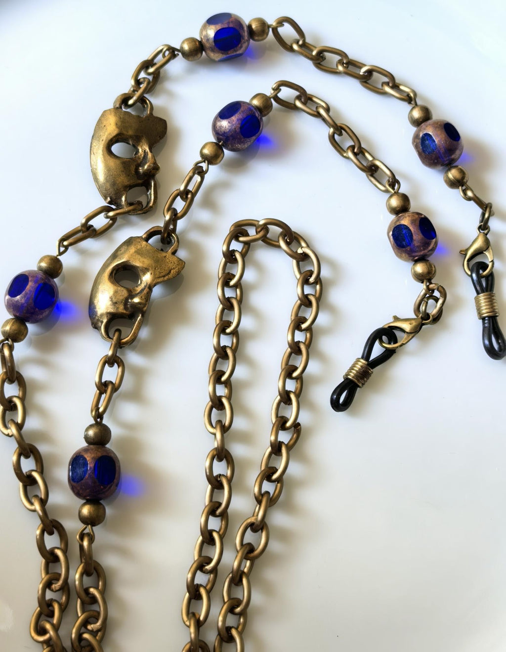 Sax Crystal Eyeglass Chain with Mask Charm – Antique Gold Handmade Jewelry
