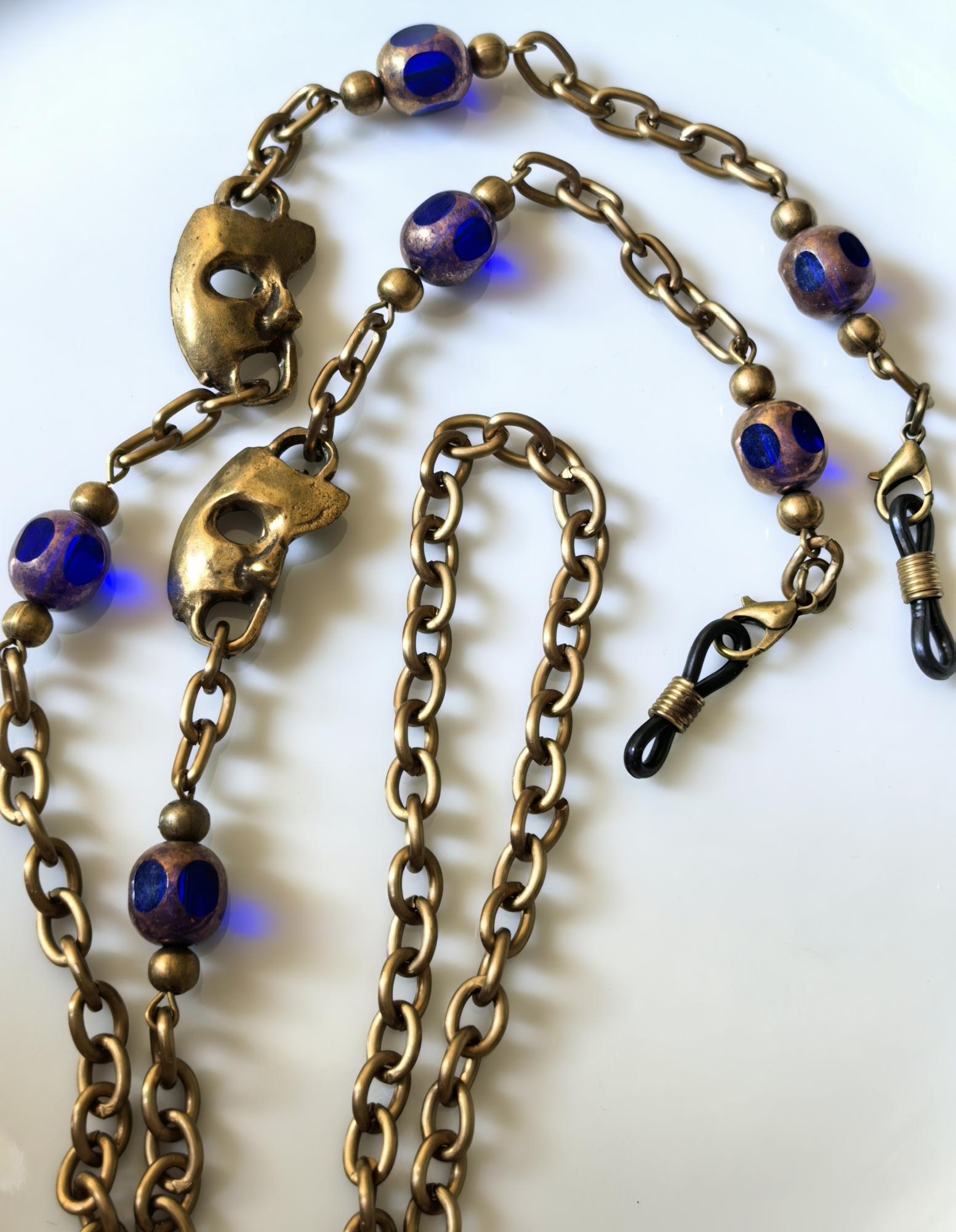 Sax Crystal Eyeglass Chain with Mask Charm – Antique Gold Handmade Jewelry
