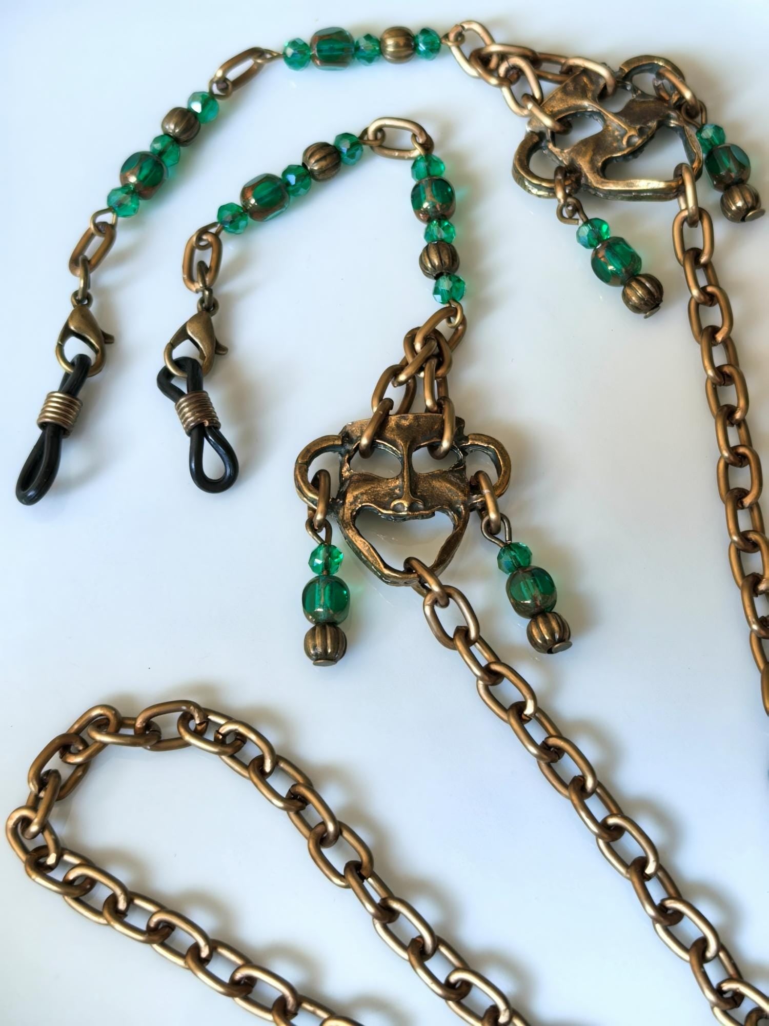 Smiling Mask Charm Eyeglass Chain – Antique Gold Sax Crystal Handmade Jewelry