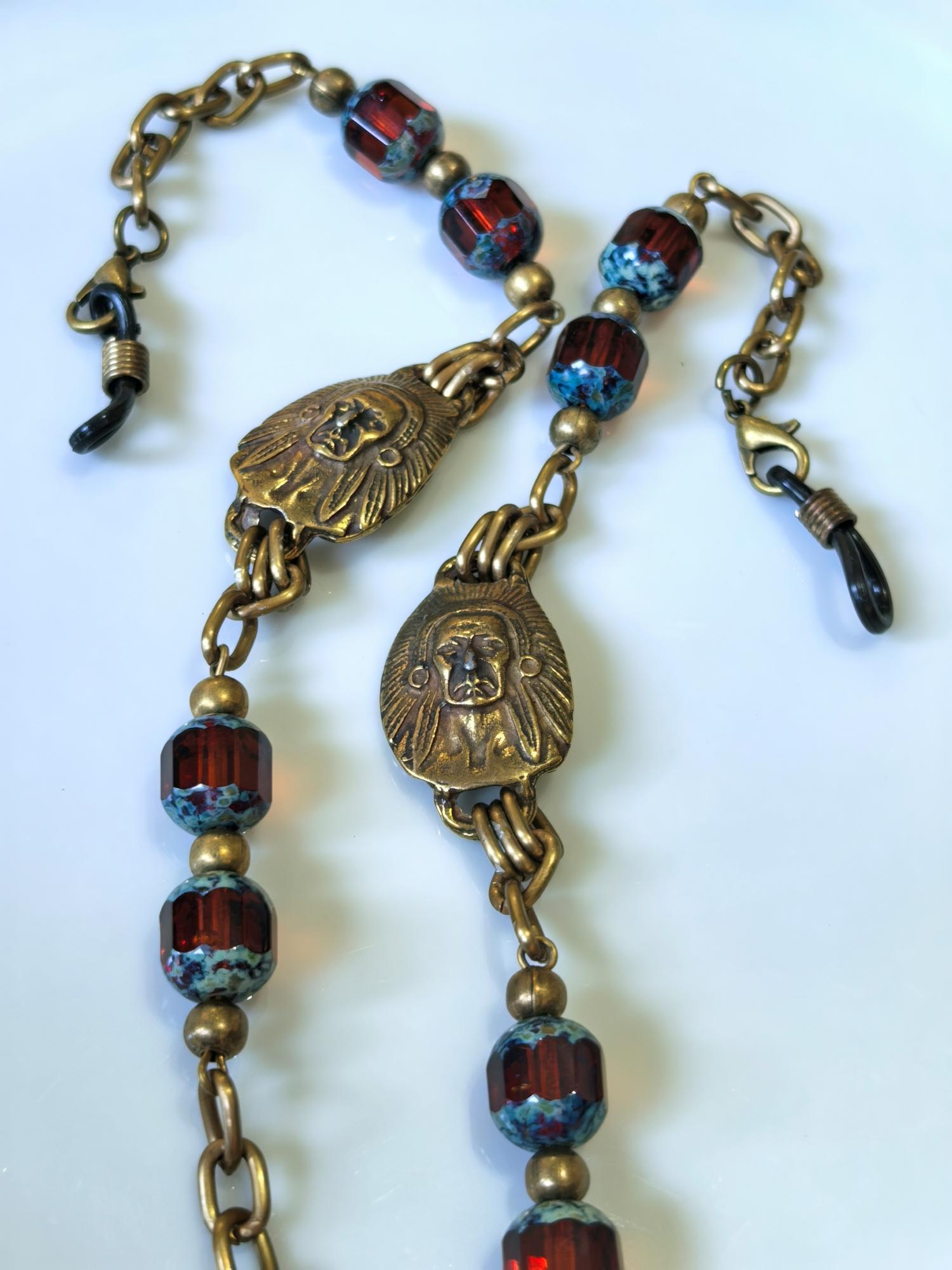 Apache Face Charm Eyeglass Chain – Antique Gold Crystal Handmade Jewelry