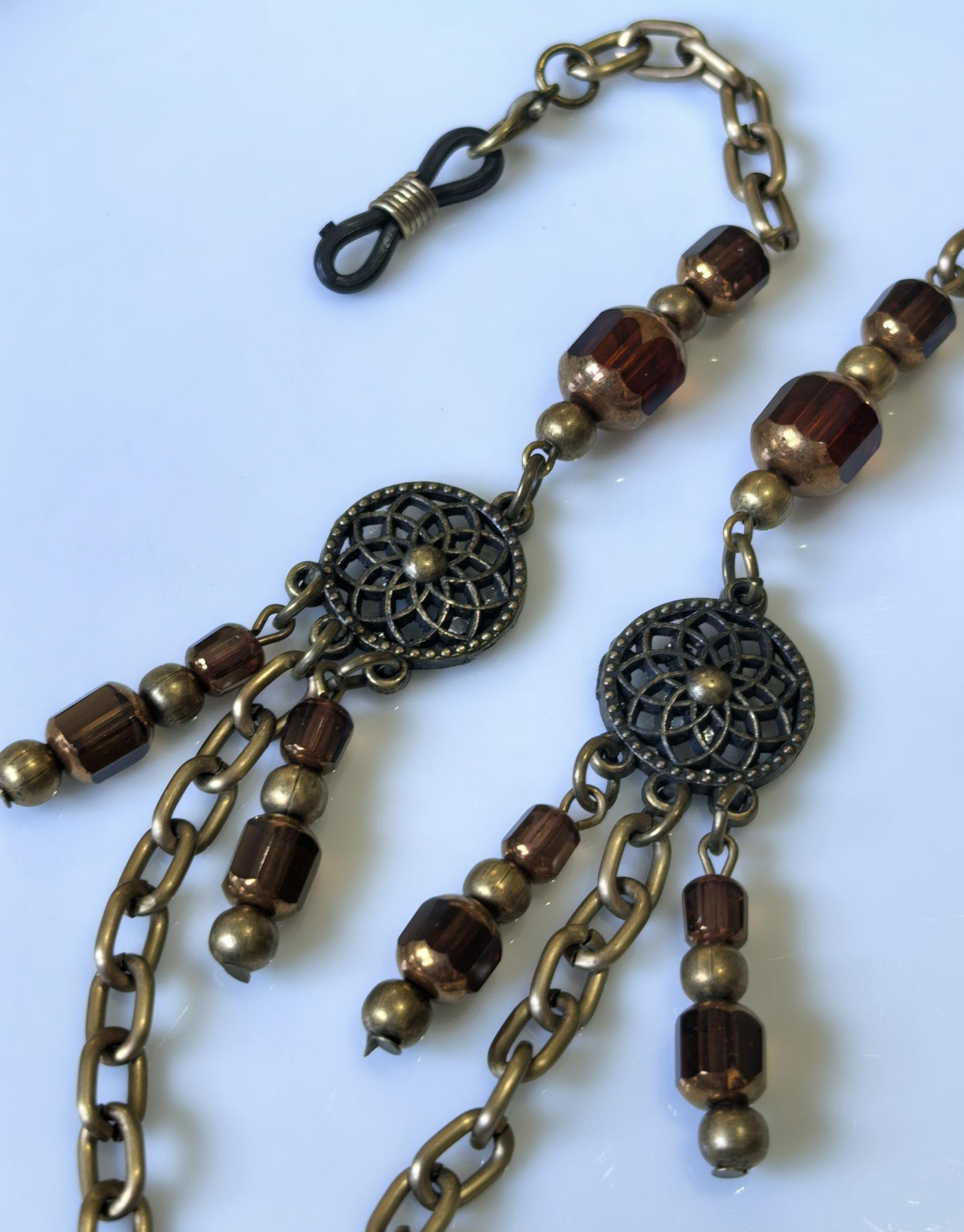 Dreamcatcher Charm Eyeglass Chain – Antique Gold Brown Crystal Handmade Jewelry