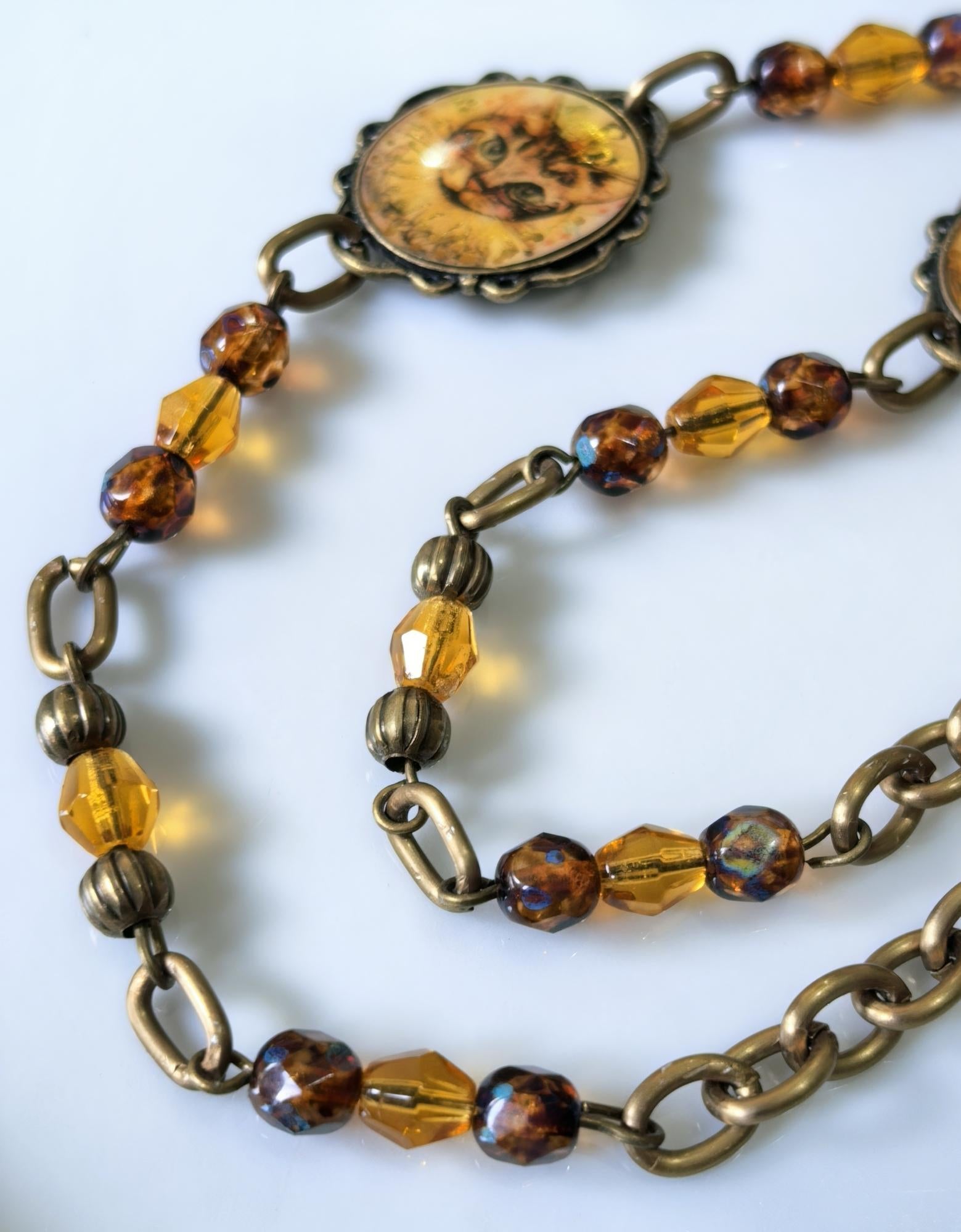 Handmade Eyeglass Chain – Bronze Cat Pendant with Crystal Beads