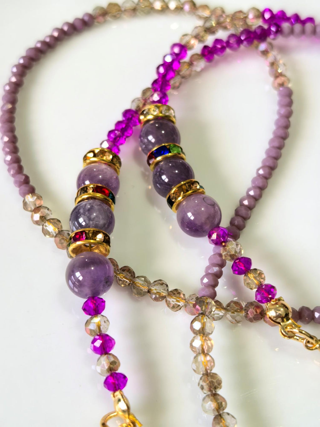THINBLACK® Eyeglass Holder – Amethyst, Zircon Rondelle & Crystal Beads