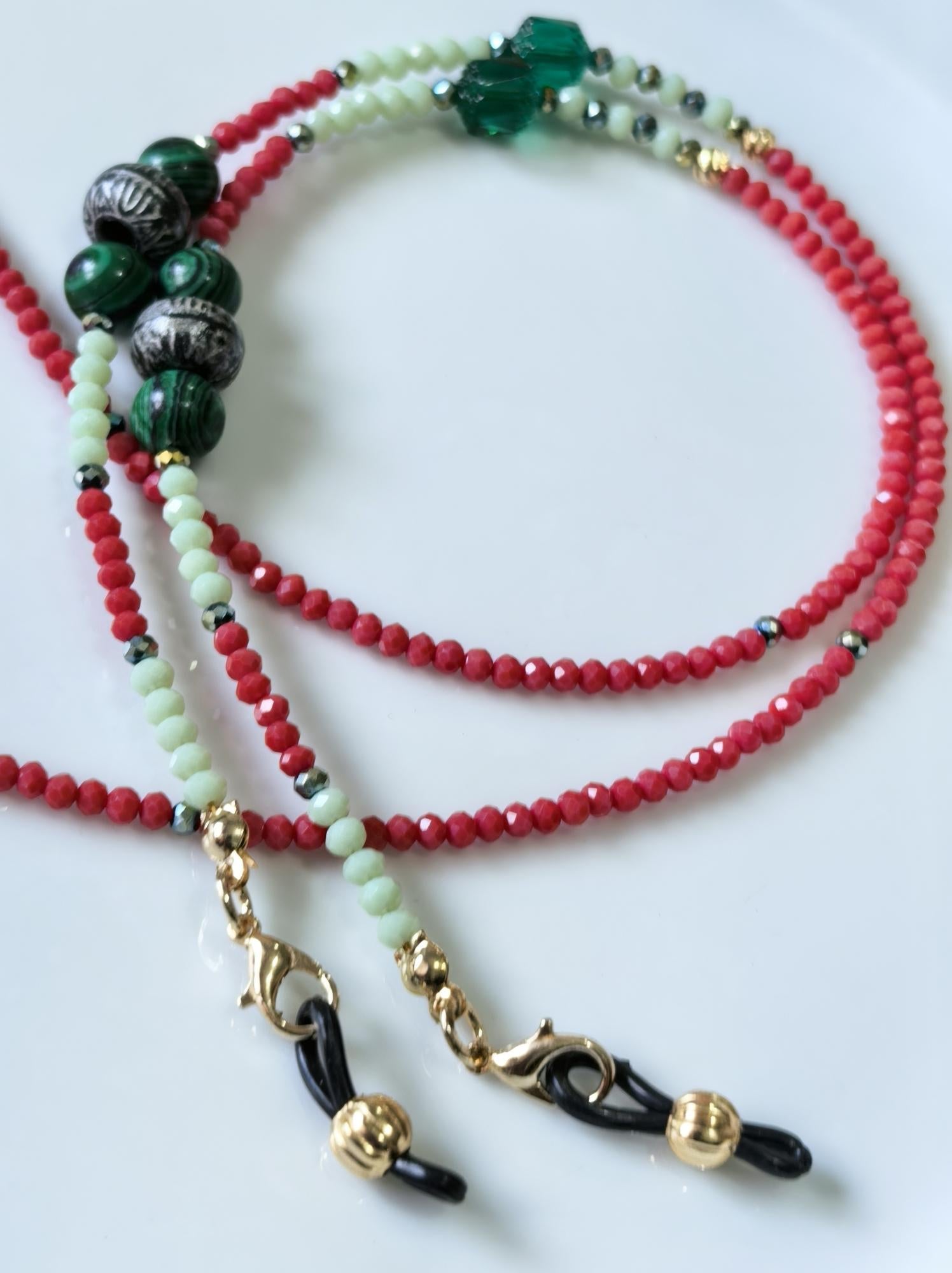 THINBLACK® Eyeglass Holder – Malachite Stone, Crystal & Metal Details