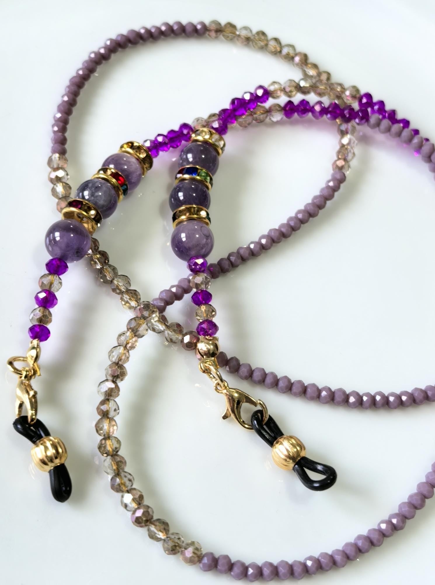 THINBLACK® Eyeglass Holder – Amethyst, Zircon Rondelle & Crystal Beads