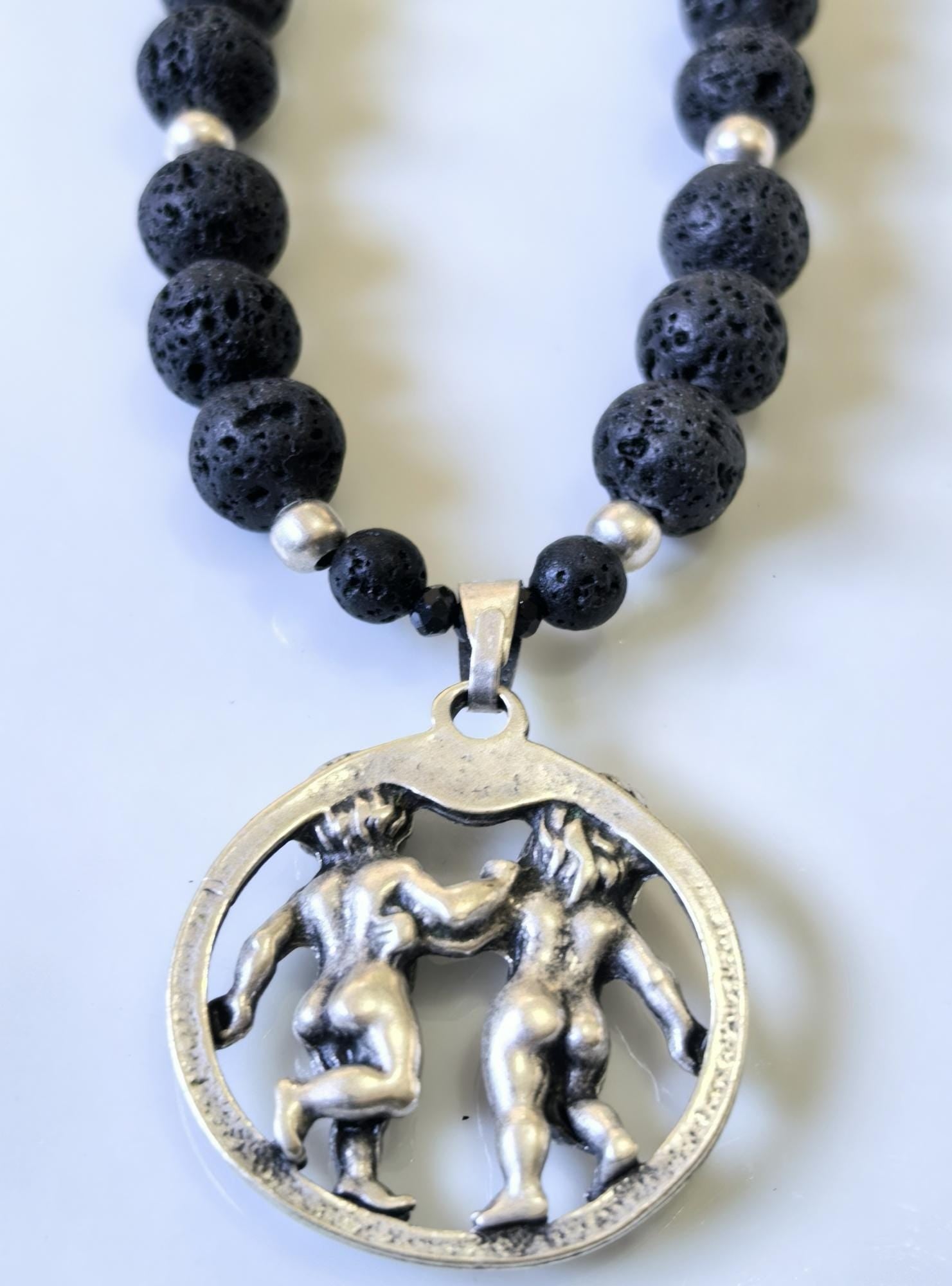 Gemini Zodiac • Black Lava Stone • Silver‑Plated Necklace • THINBLACK® Zodiac Series