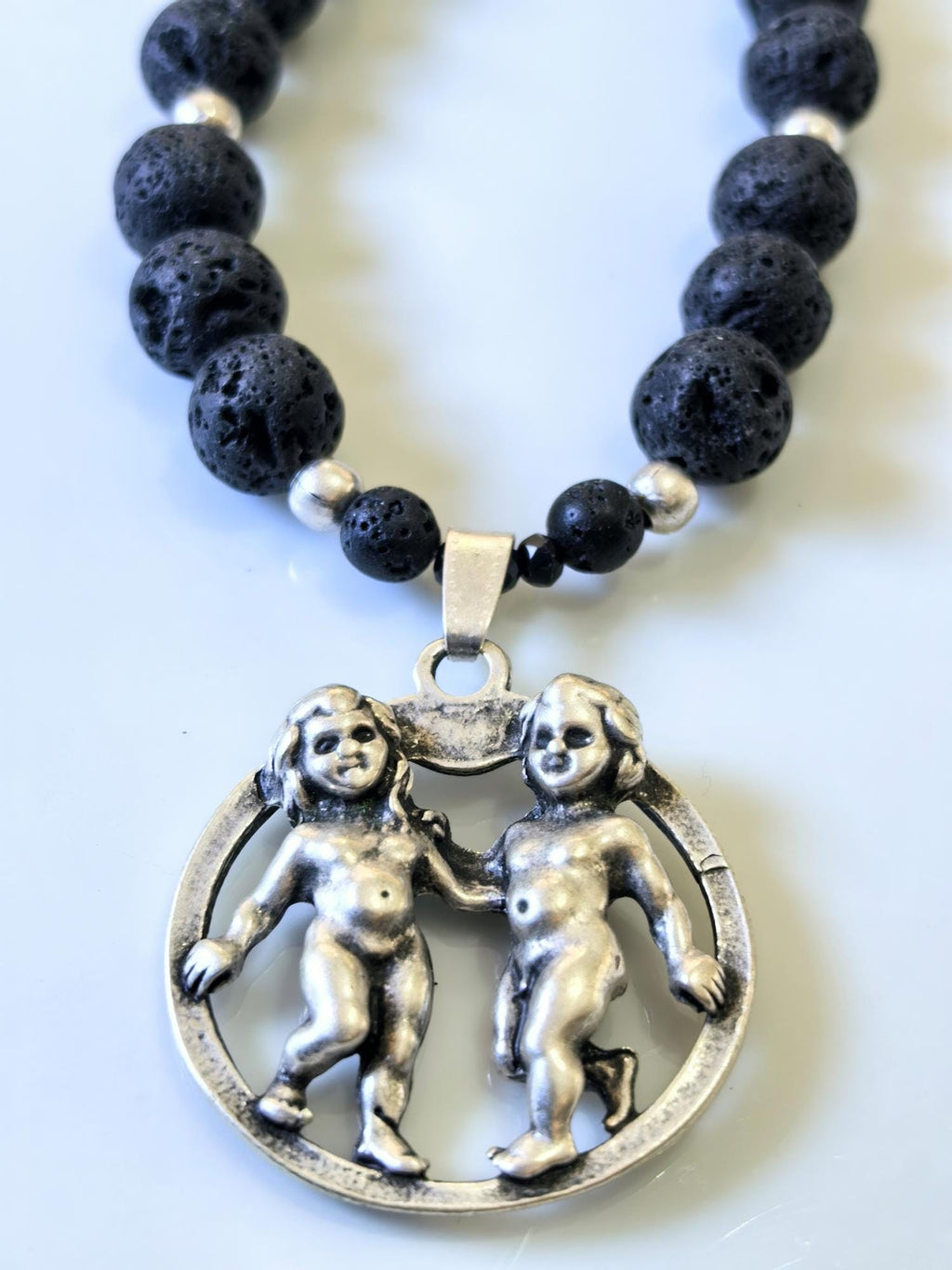 Gemini Zodiac • Black Lava Stone • Silver‑Plated Necklace • THINBLACK® Zodiac Series