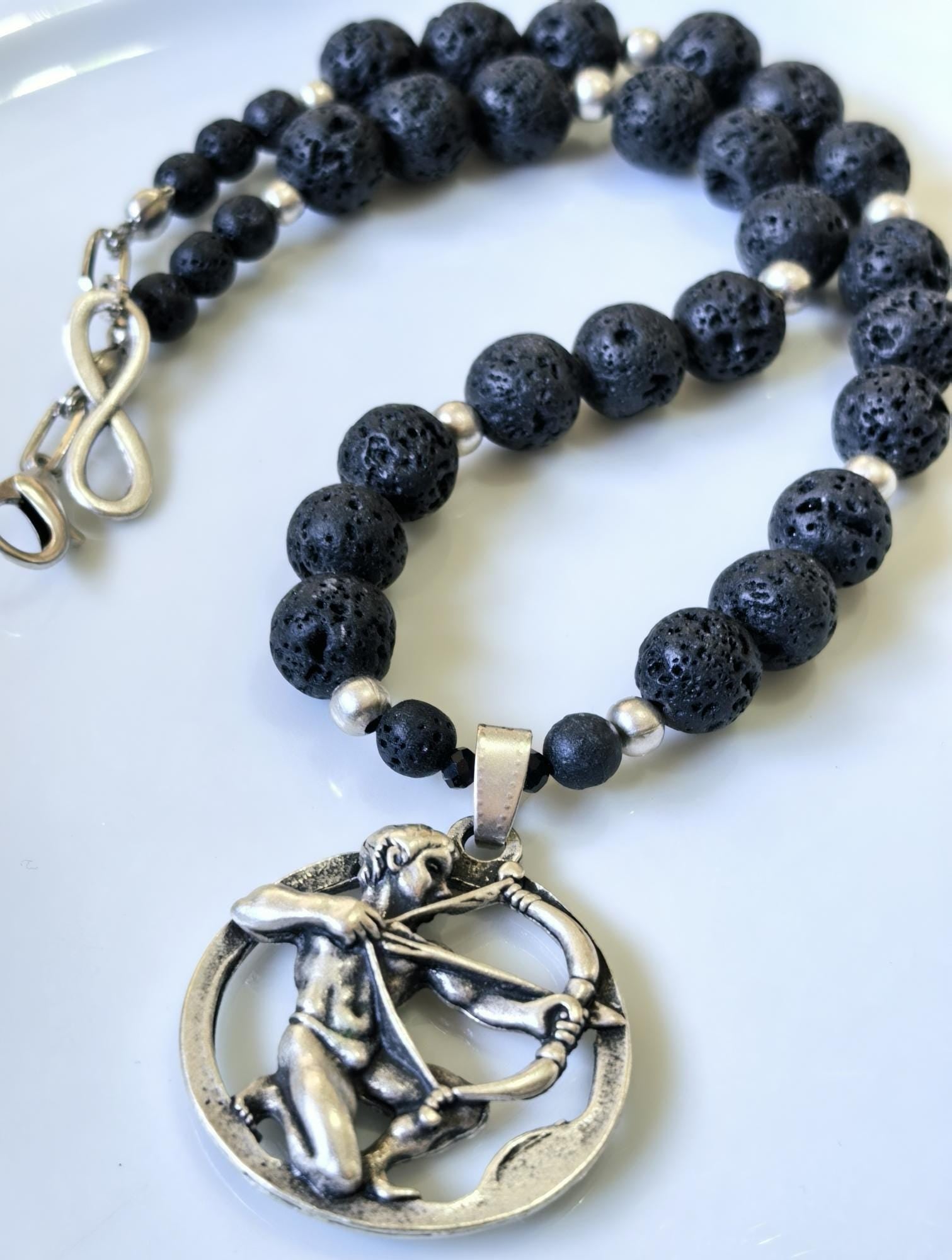 Sagittarius Zodiac • Black Lava Stone • Silver‑Plated Necklace • THINBLACK® Zodiac Series