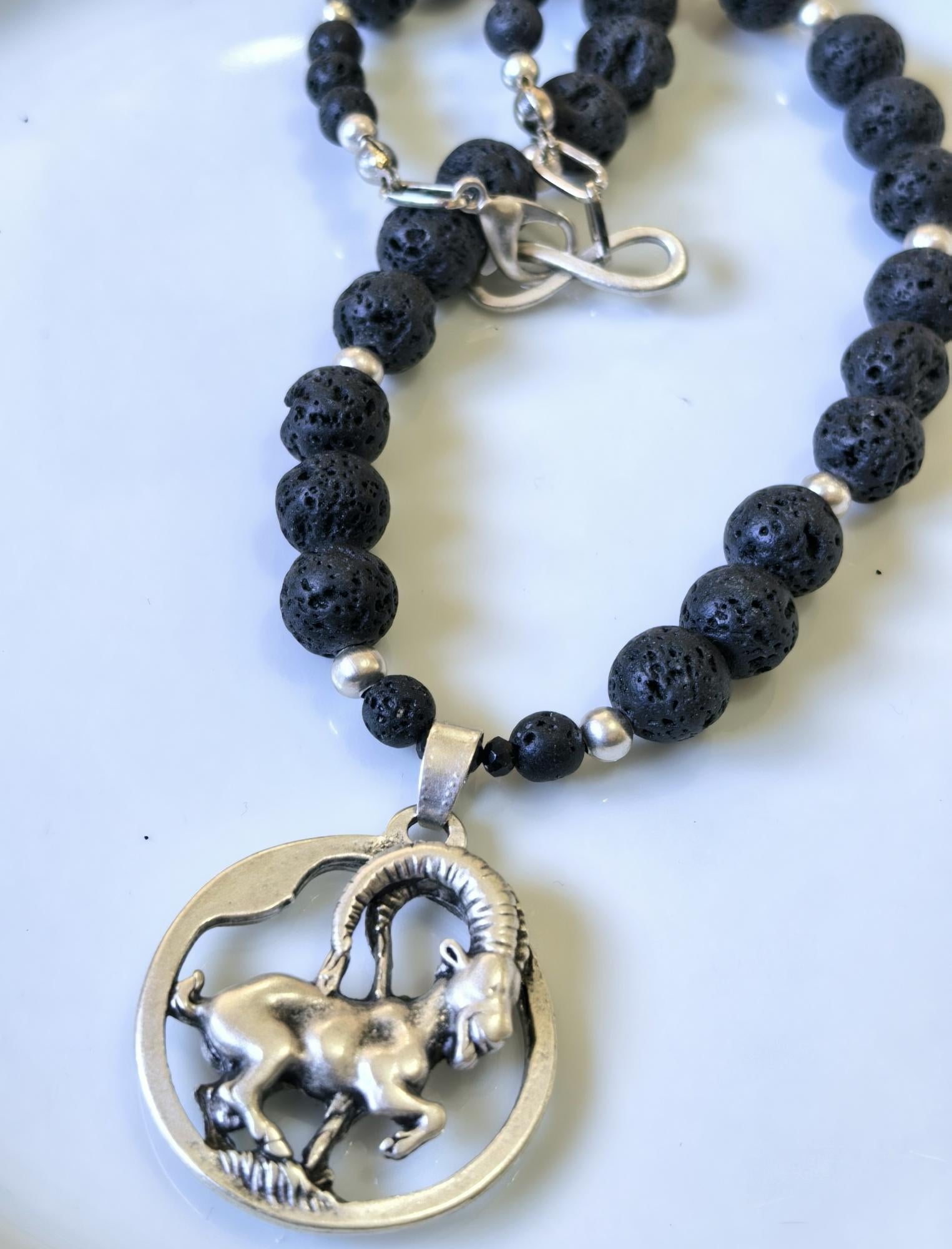 Capricorn Zodiac • Black Lava Stone • Silver‑Plated Necklace • THINBLACK® Zodiac Series