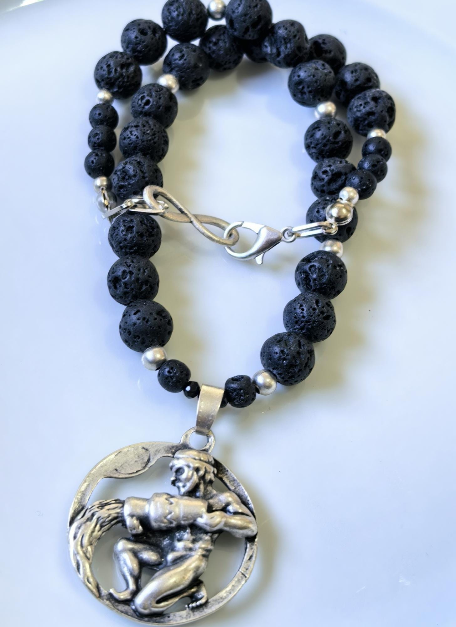 Aquarius Zodiac • Black Lava Stone • Silver‑Plated Necklace • THINBLACK® Zodiac Series