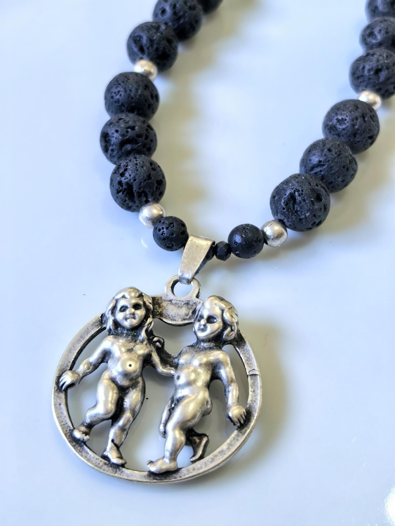 Gemini Zodiac • Black Lava Stone • Silver‑Plated Necklace • THINBLACK® Zodiac Series