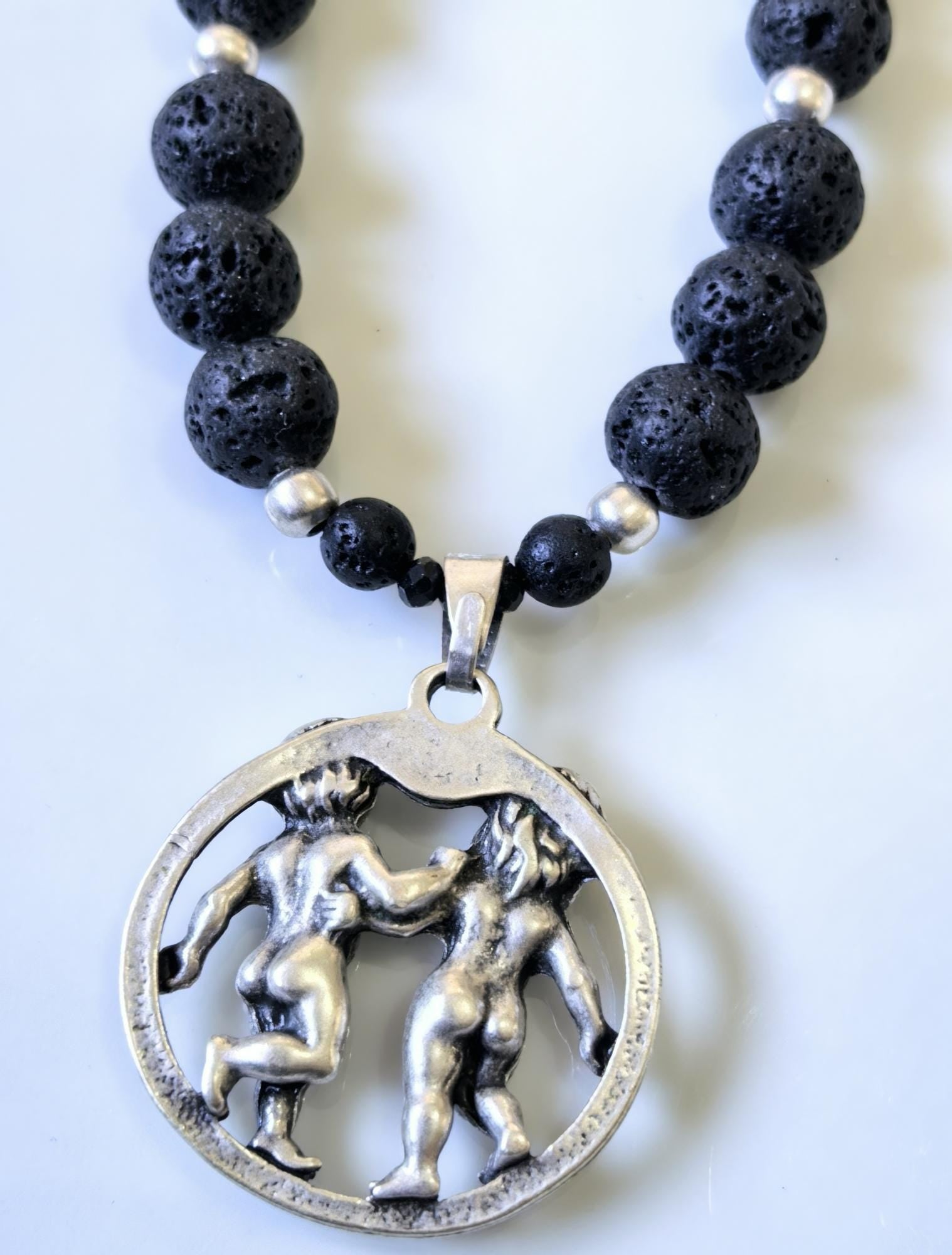 Gemini Zodiac • Black Lava Stone • Silver‑Plated Necklace • THINBLACK® Zodiac Series