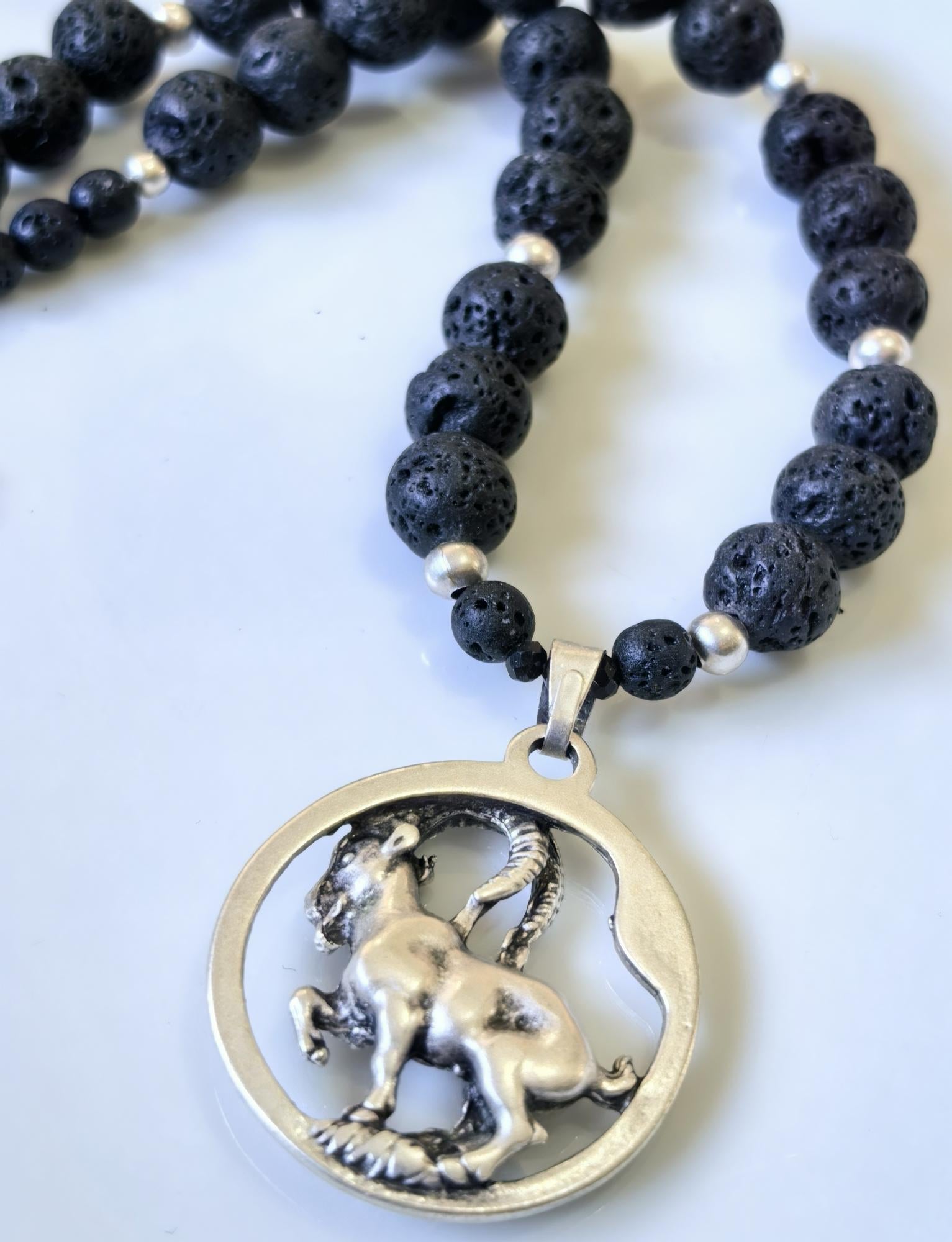 Capricorn Zodiac • Black Lava Stone • Silver‑Plated Necklace • THINBLACK® Zodiac Series